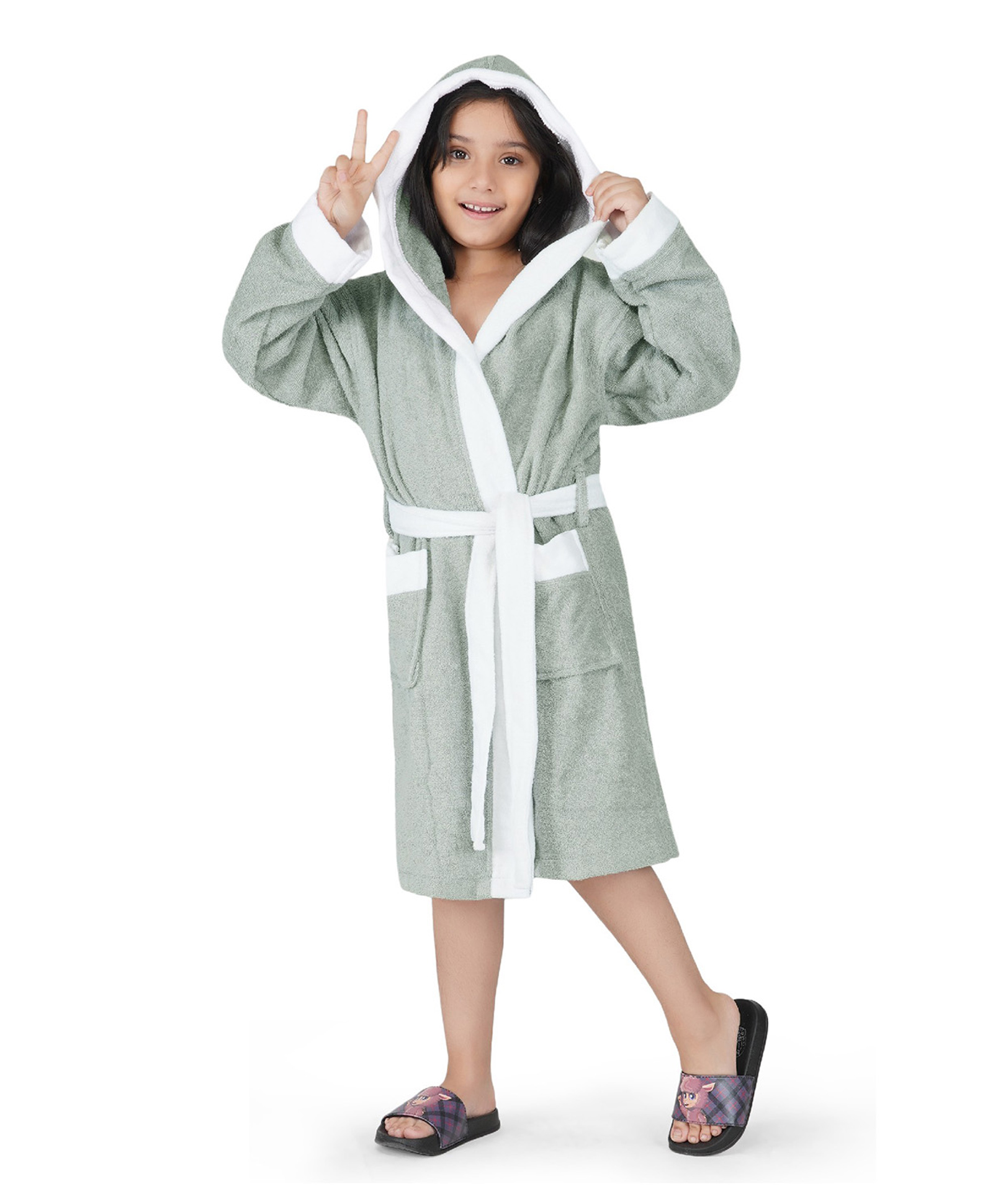 Rangoli 100% Cotton Terry Full Sleeves Solid With Attached Belt Ultra Soft Bath Robe - Grey-picture-27