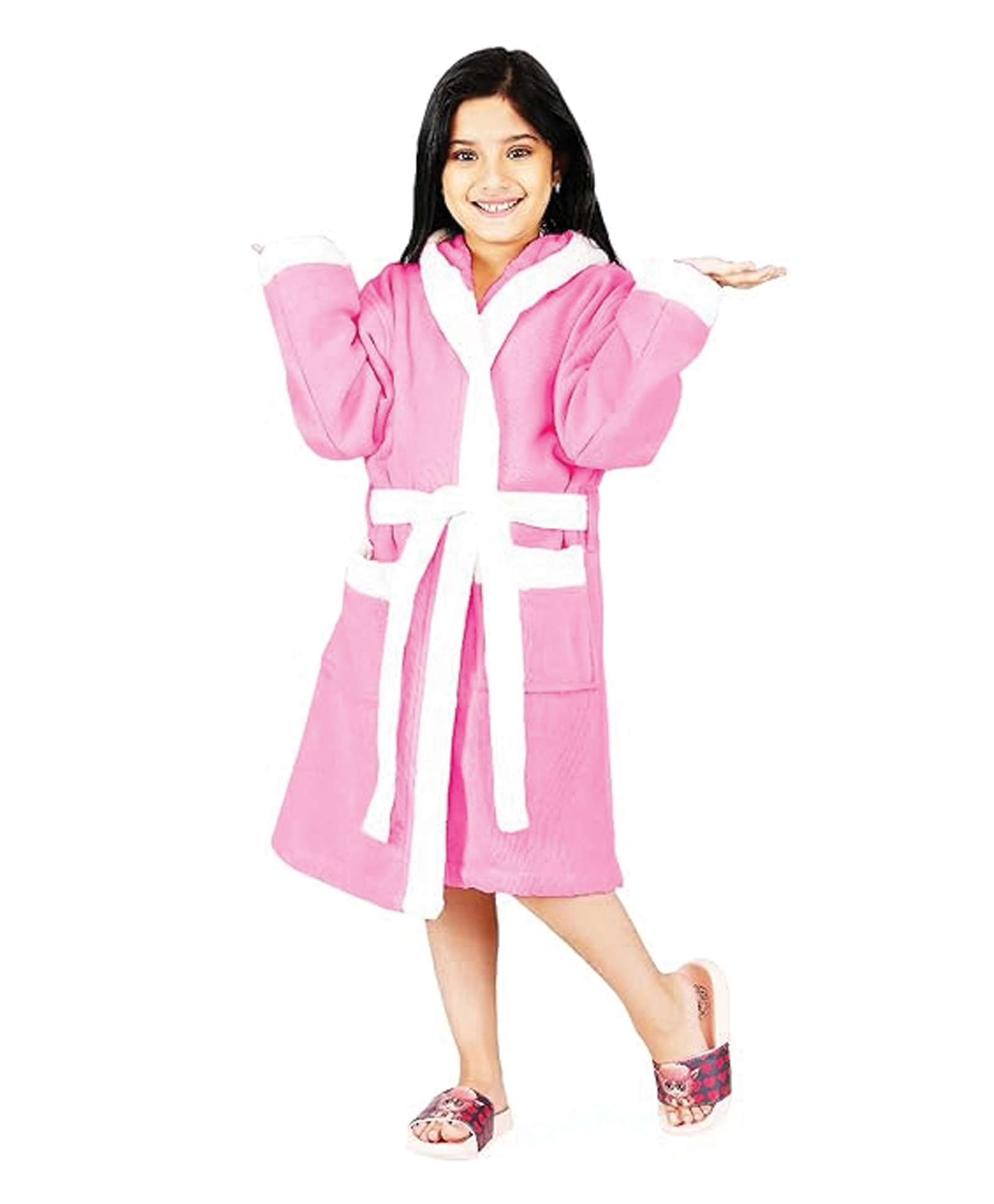 Rangoli 100% Cotton Terry Full Sleeves Solid With Attached Belt Ultra Soft Bath Robe - Baby Pink
