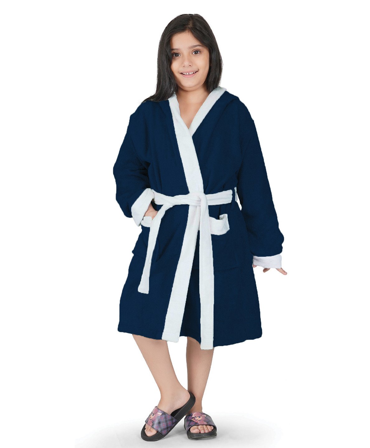 Rangoli 100% Cotton Terry Full Sleeves Solid With Attached Belt Ultra Soft Bath Robe - Navy Blue-picture-12