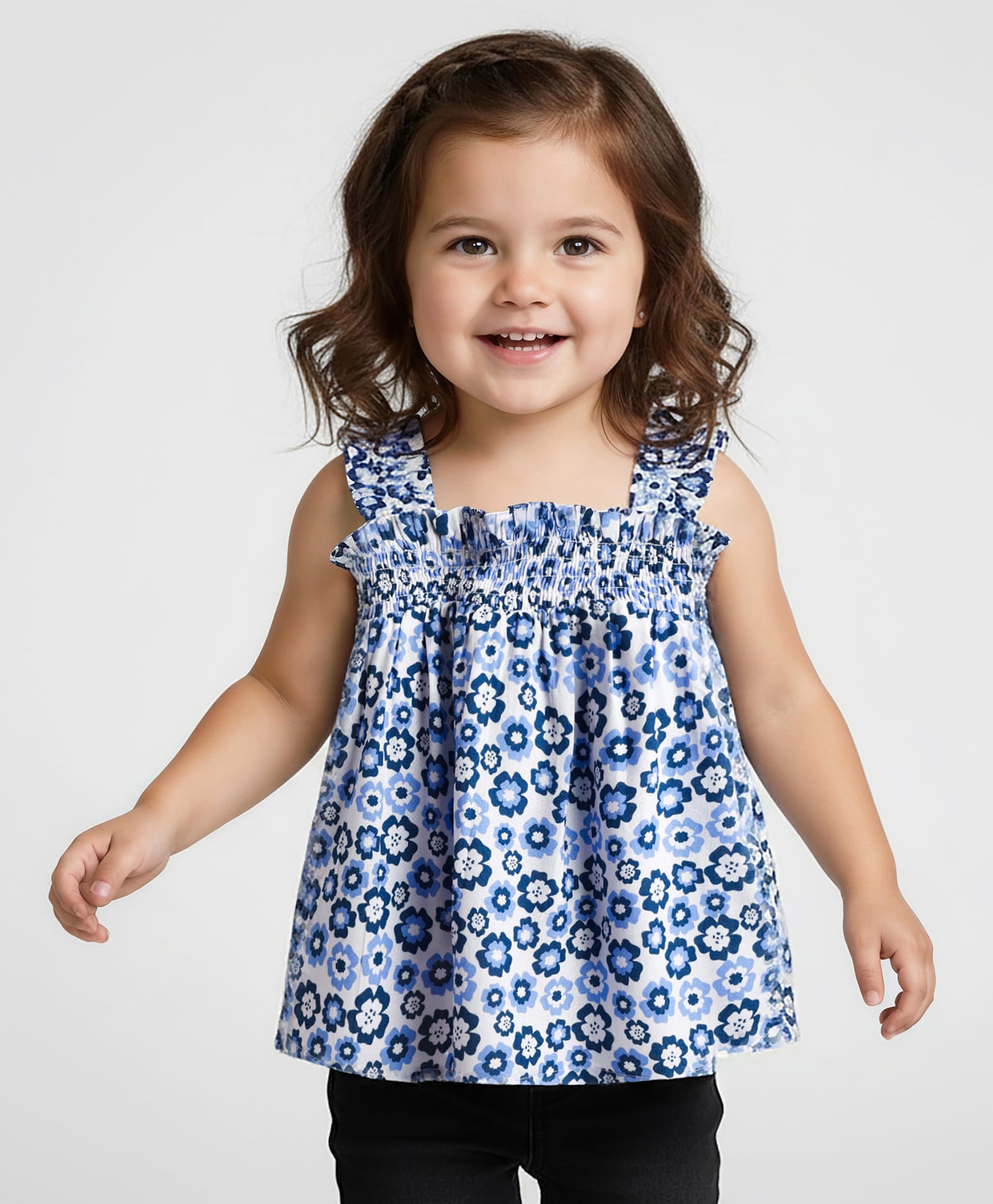 Babyhug Rayon Woven Sleeveless Top with Smocking & Floral Print - Light Blue-image-42