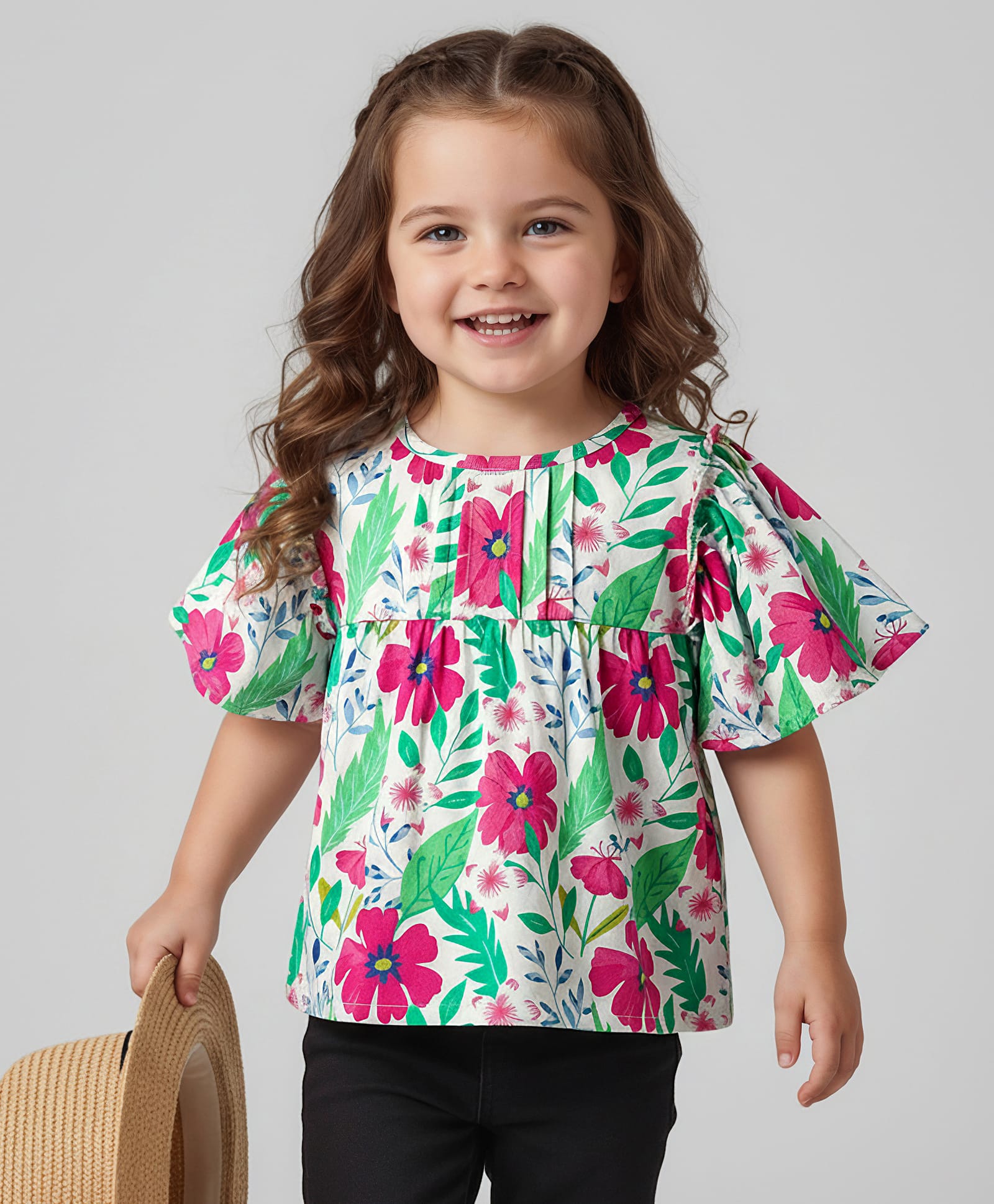 Babyhug Rayon Woven Half Frill Sleeves Top with Floral Print - White-image-29