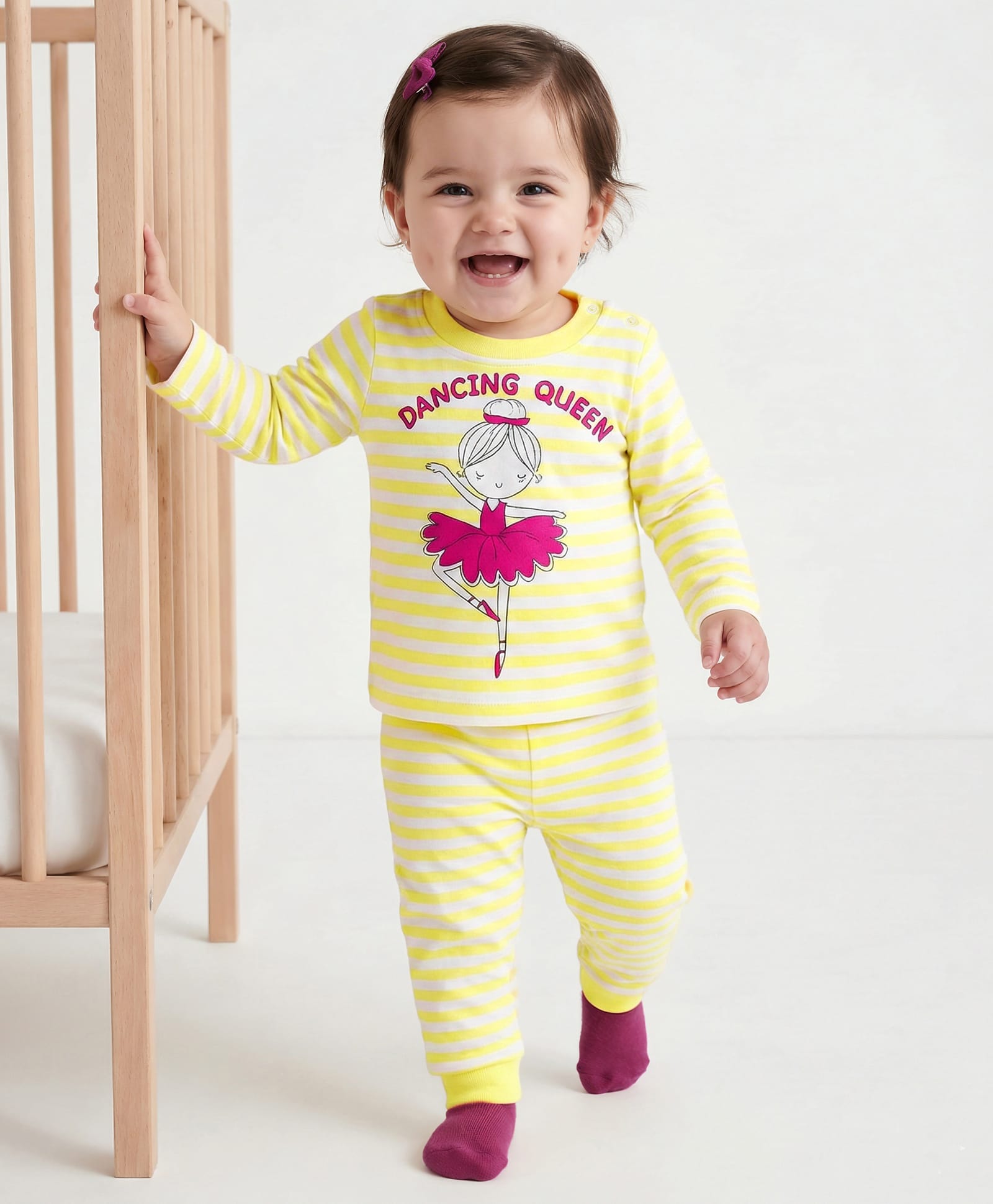 Doodle Poodle 100% Cotton Knit Full Sleeves Striped Night Suit With Dancing Queen Print - Yellow & White-image-32