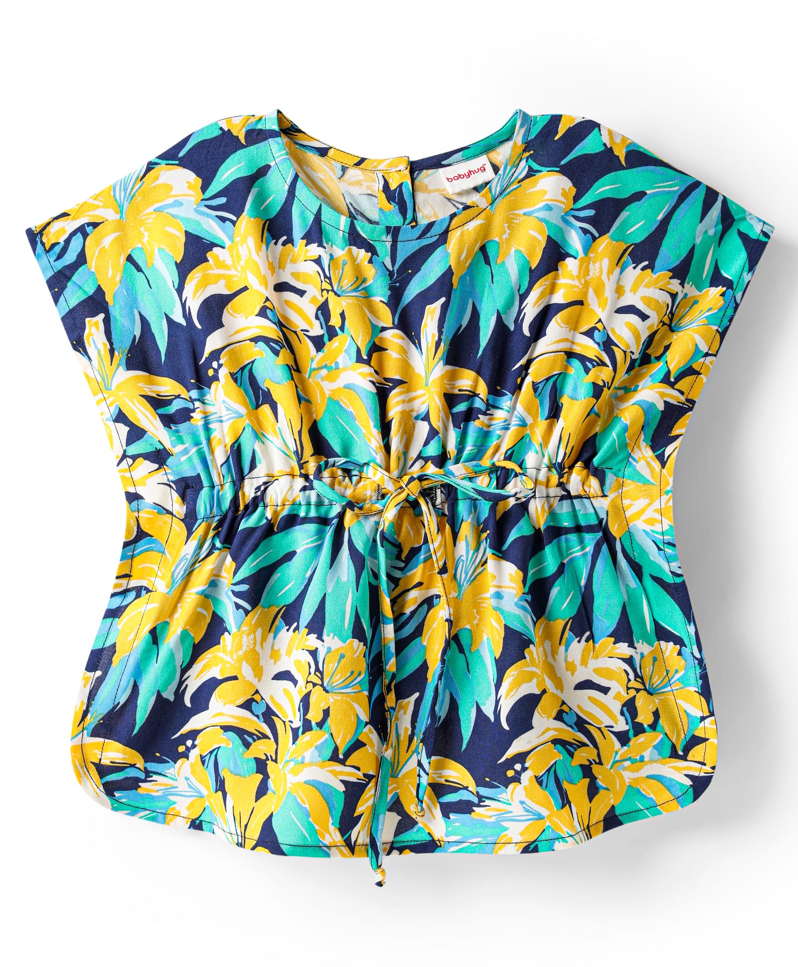 Babyhug Rayon Woven Half Sleeves Kaftan Top with Leaves Print - Navy Blue
