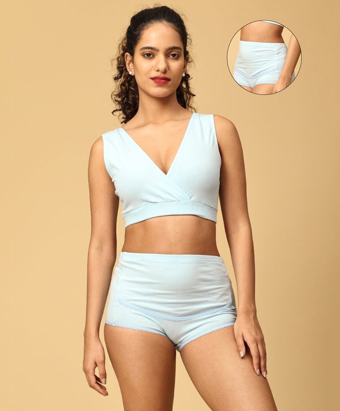 The Mom Store Cotton Sleeveless Solid Nursing Sleeping Maternity Bra & Overbelly Support Panties - Blue-picture-43