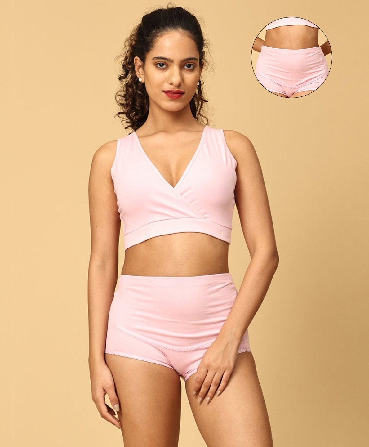 The Mom Store Cotton Sleeveless Solid Nursing Sleeping Maternity Bra & Overbelly Support Panties - Pink-picture-24