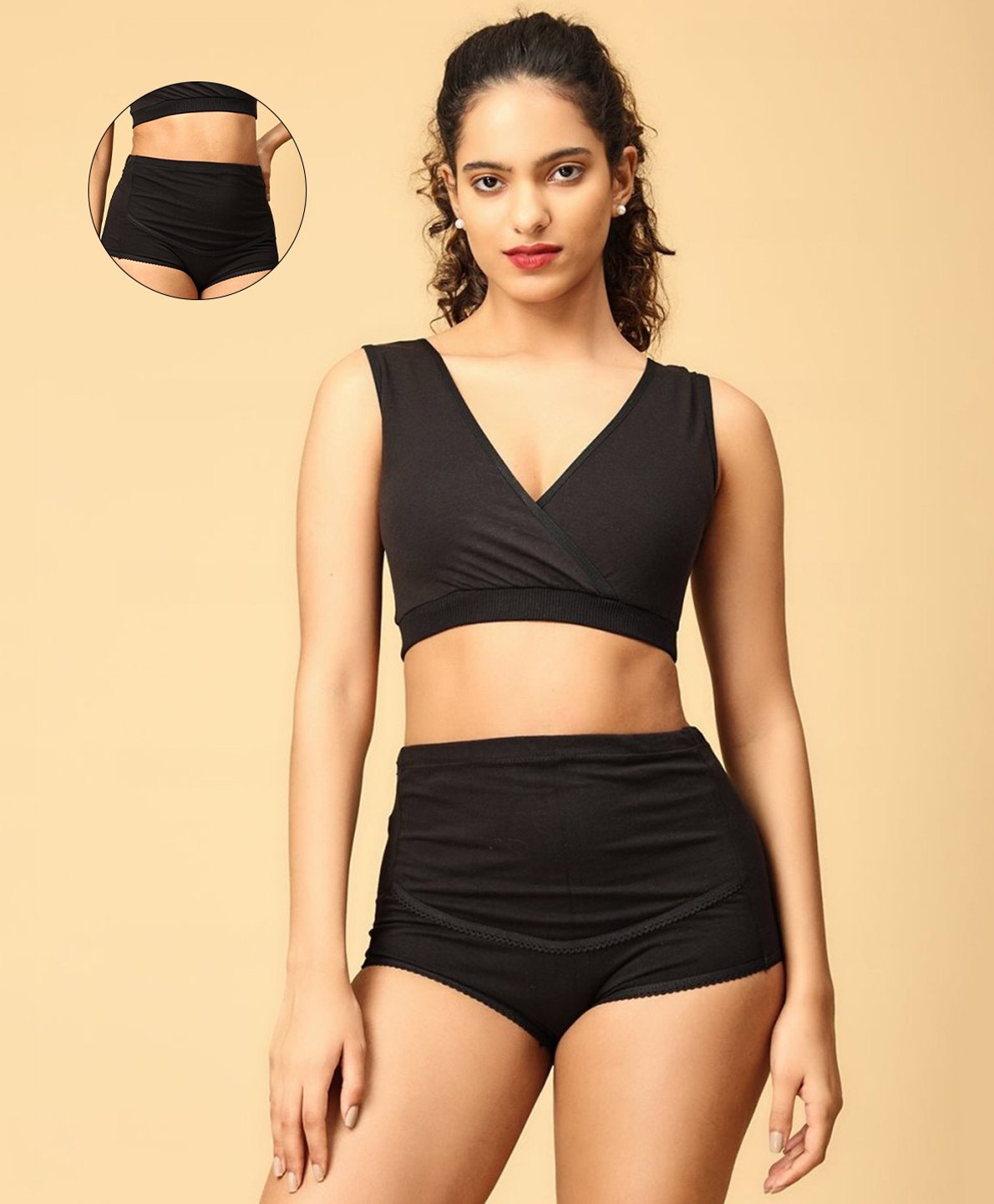 The Mom Store Cotton Sleeveless Solid Nursing Sleeping Maternity Bra & Overbelly Support Panties - Black-image-47