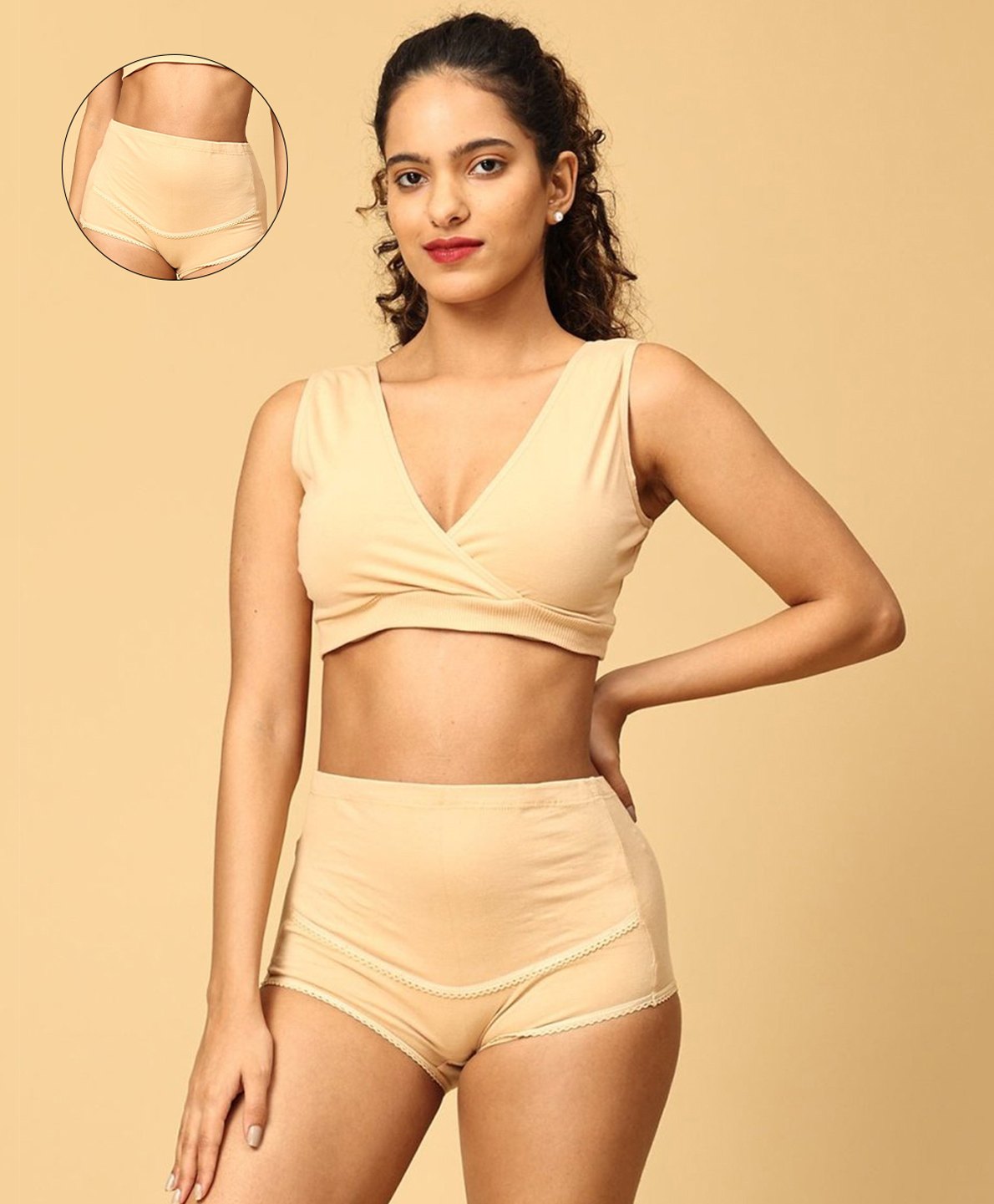The Mom Store Cotton Sleeveless Solid Nursing Sleeping Maternity Bra & Overbelly Support Panties - Beige-picture-30