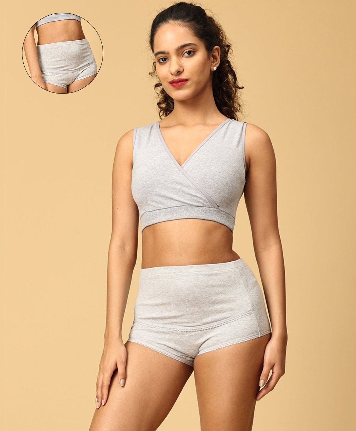 The Mom Store Cotton Sleeveless Solid Nursing Sleeping Maternity Bra & Overbelly Support Panties - Grey-image-49
