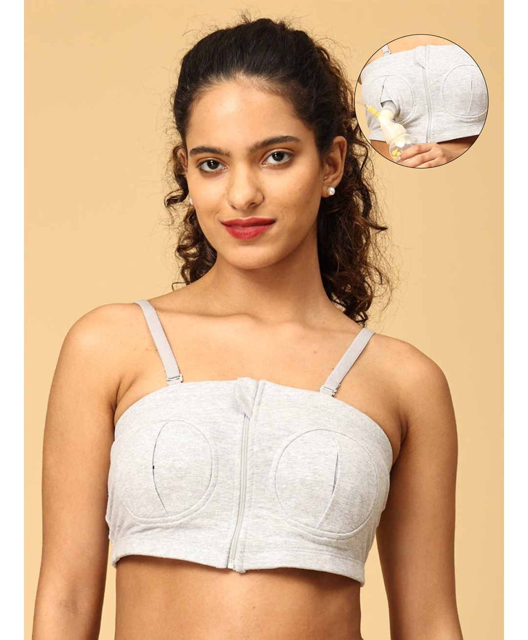 The Mom Store Cotton Woven Solid Nursing Pumping Hands Free Bra - Grey-picture-17