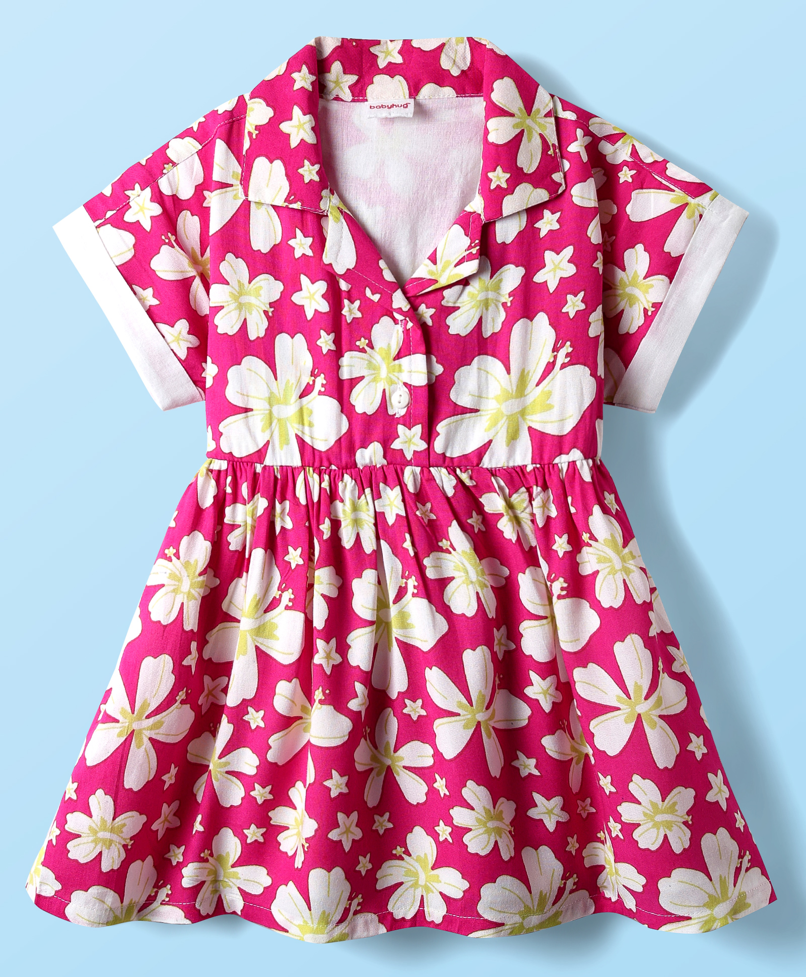 Babyhug Cotton Woven Half Sleeves Frock With Floral Print - Dark Pink-picture-14