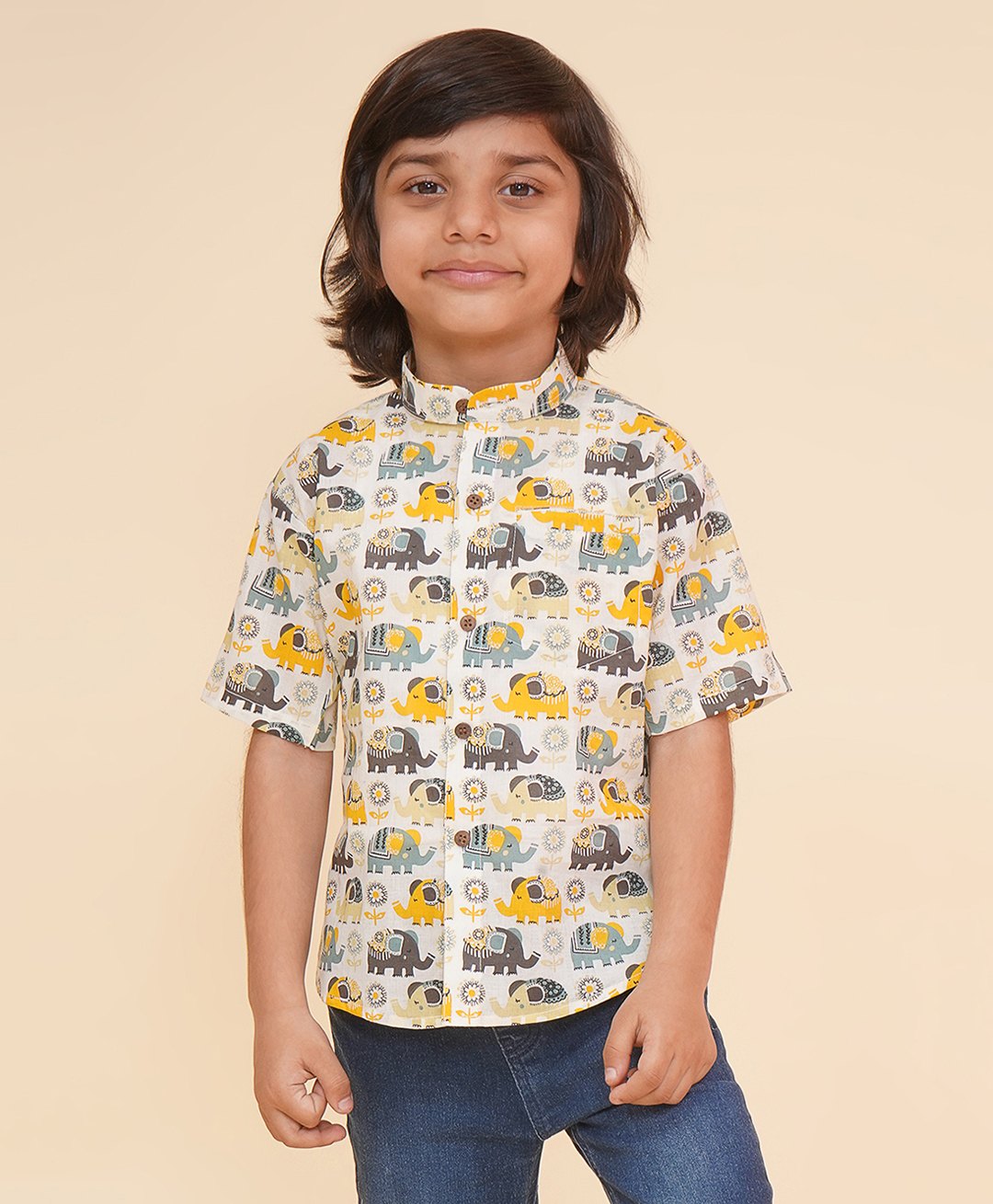 LIL PITAARA Pure Cotton Half Sleeves Elephants Printed Shirt - Cream-picture-36