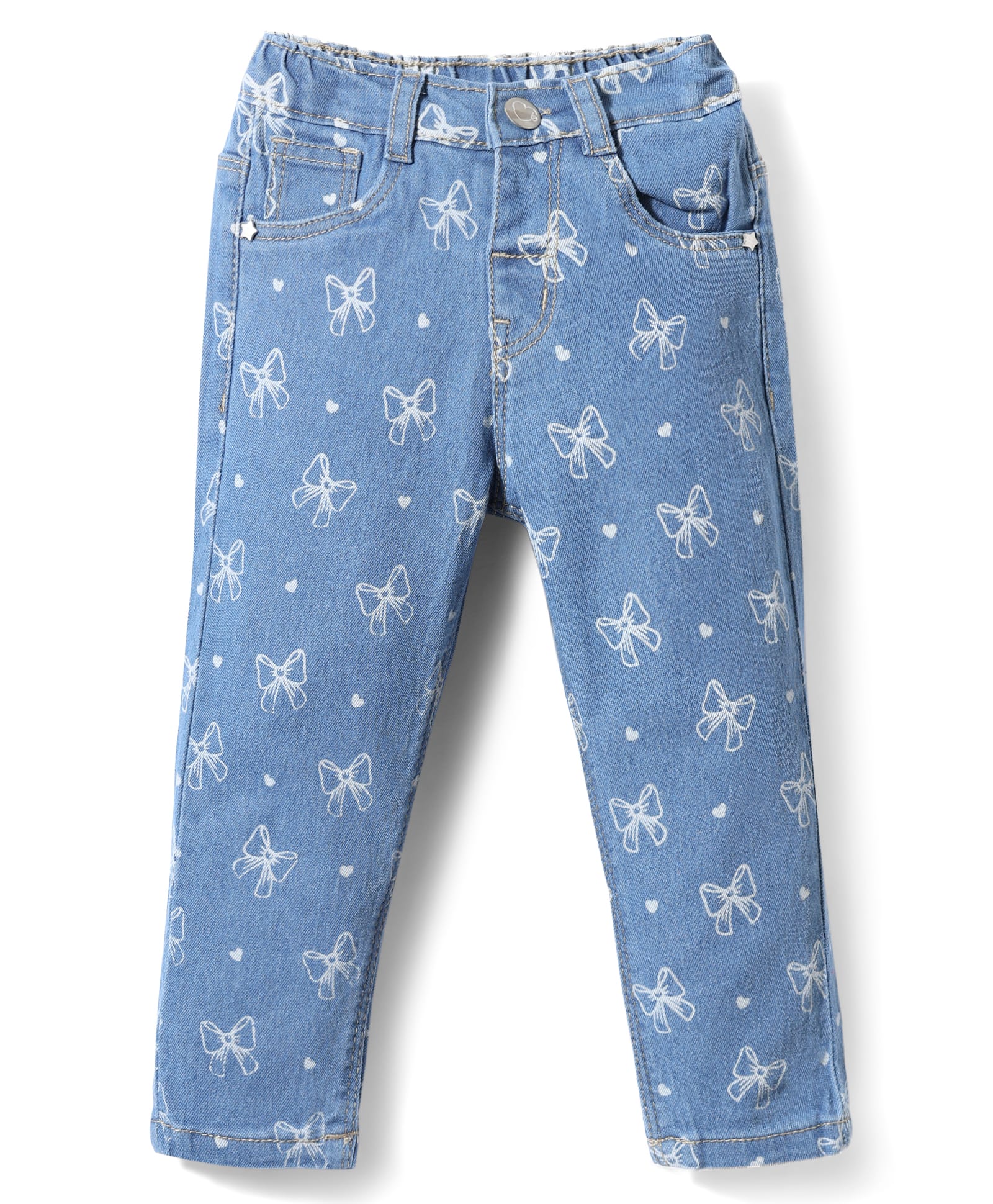 Babyhug Full Length Denim Jeans Washed with Stretch Heart & Bow Print - Blue-image-44