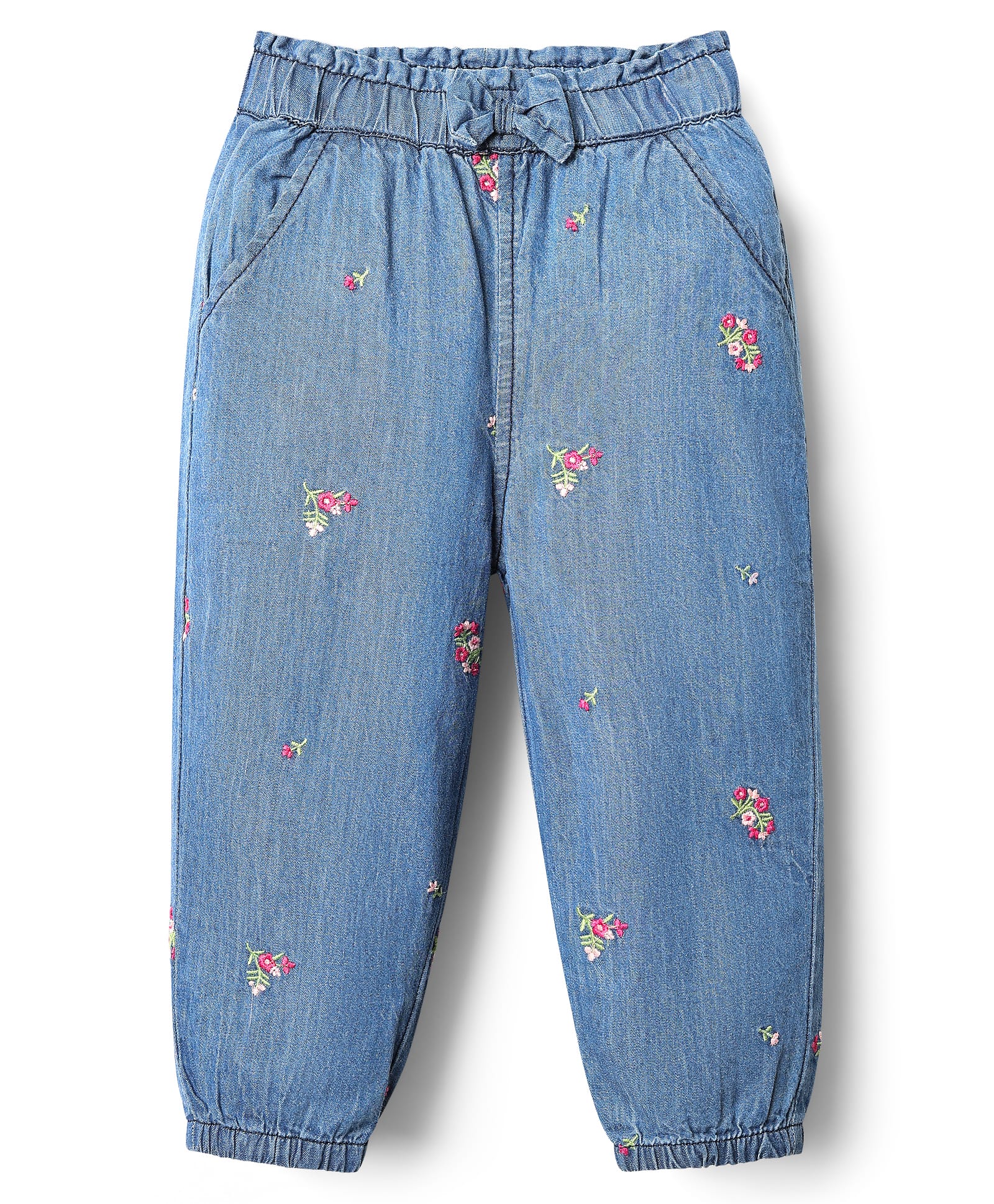 Babyhug Full Length Denim Jeans with Stretch Bow Applique & Floral Embroidery - Blue-image-0