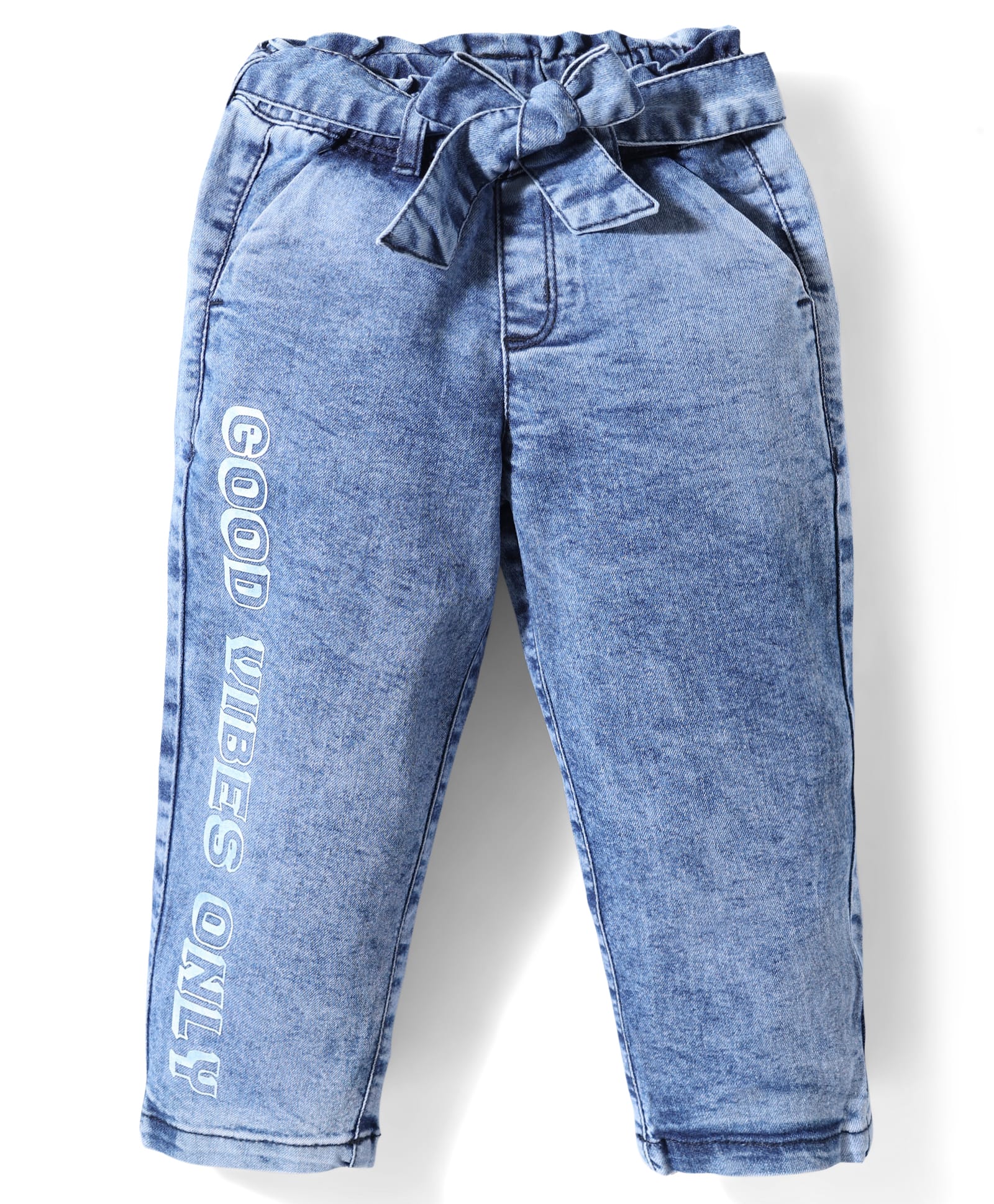 Babyhug Full Length Denim Jeans Washed with Stretch Bow Applique & Good Vibes Only Print - Blue-image-1