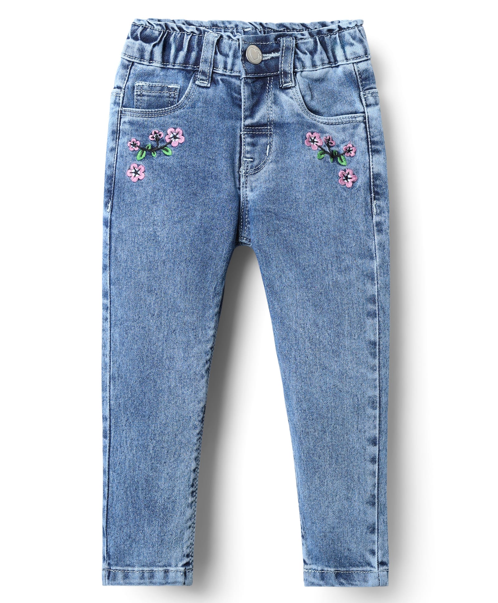 Babyhug Denim Full Length Jeans With Floral Embriodery - Blue-picture-14