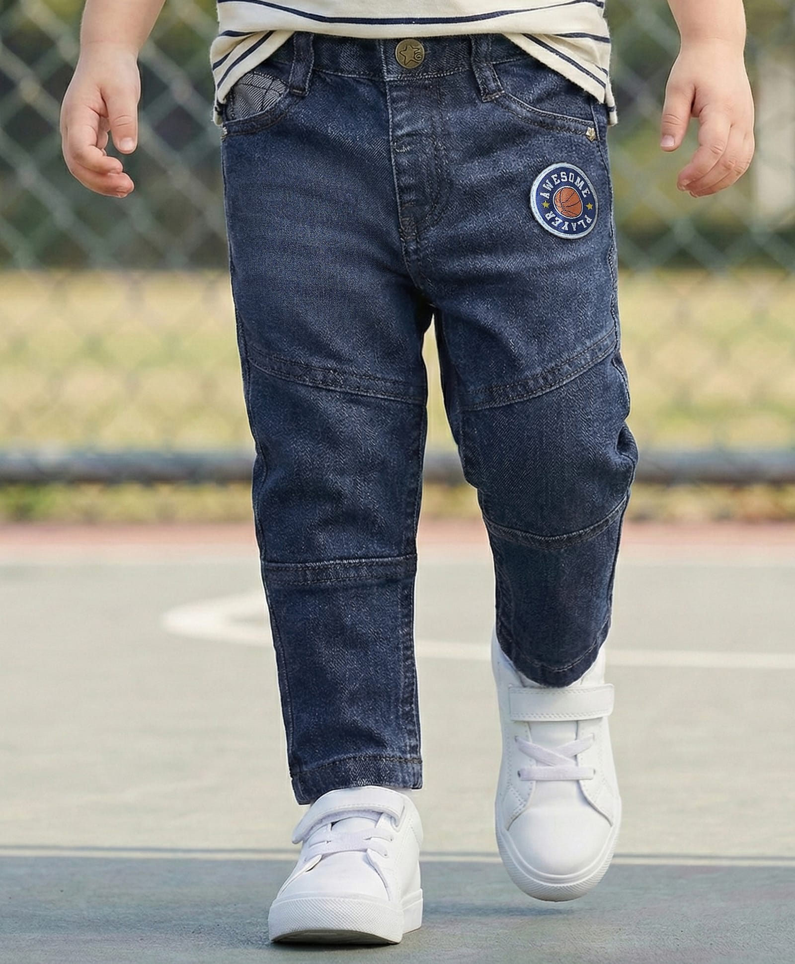 Babyhug Full Length Cut & Sew Denim Jeans with Stretch & Patch Detailing - Navy Blue