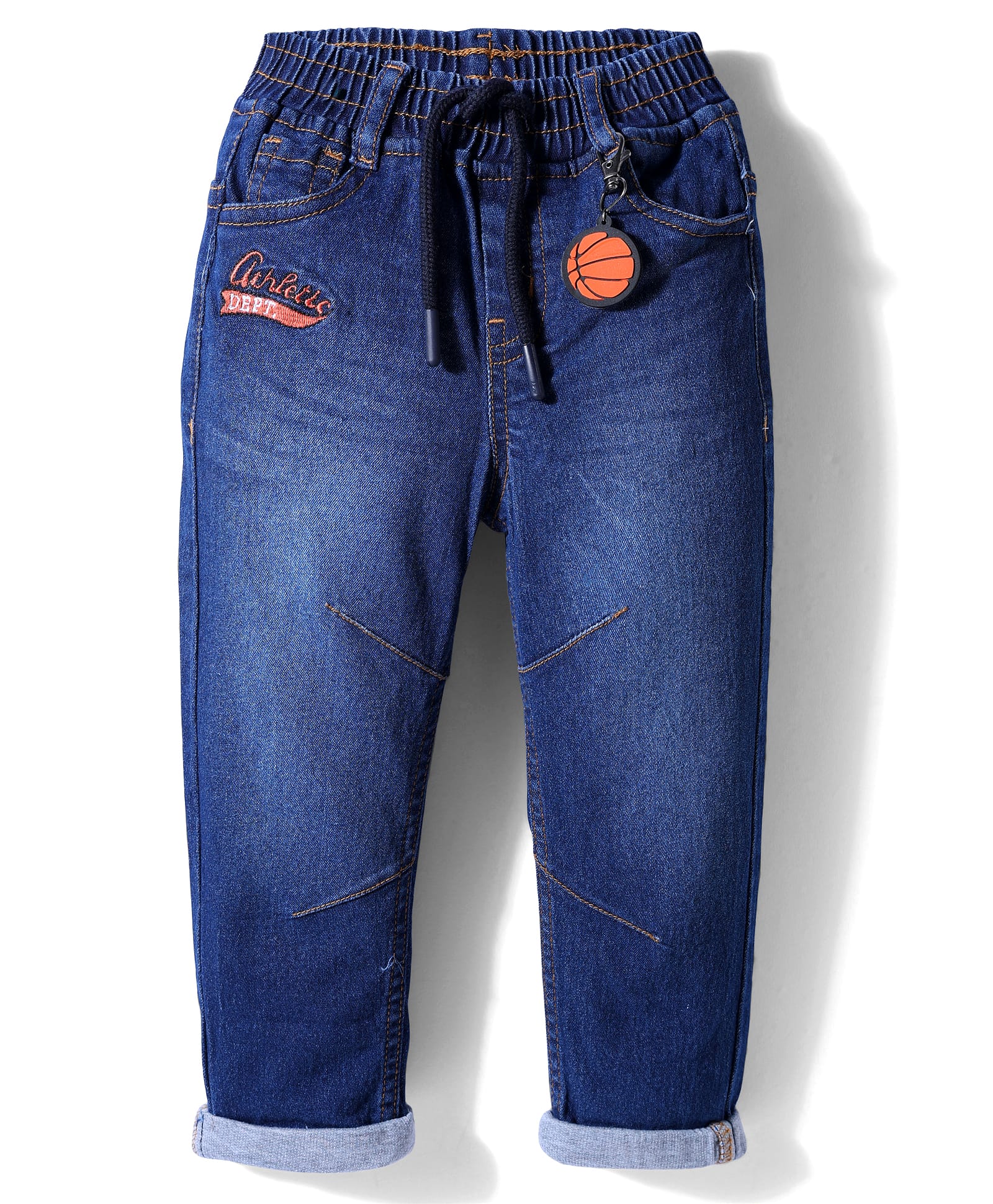 Babyhug Full Length Washed Denim Jeans with Stretch & Text Embroidery - Blue-picture-24
