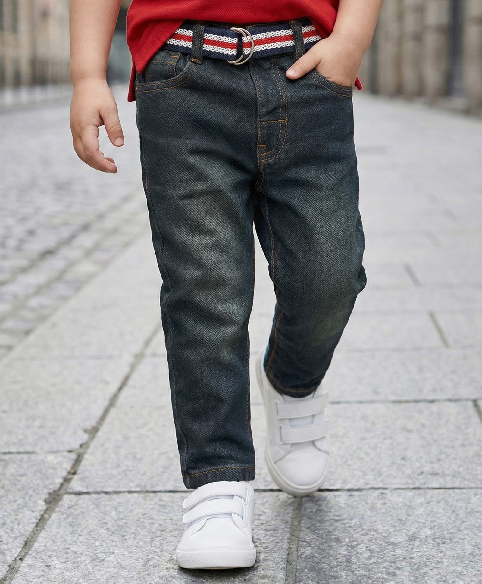 Babyhug Denim Full Length Washed Jeans With Stretch & Belt - Navy Blue-picture-21