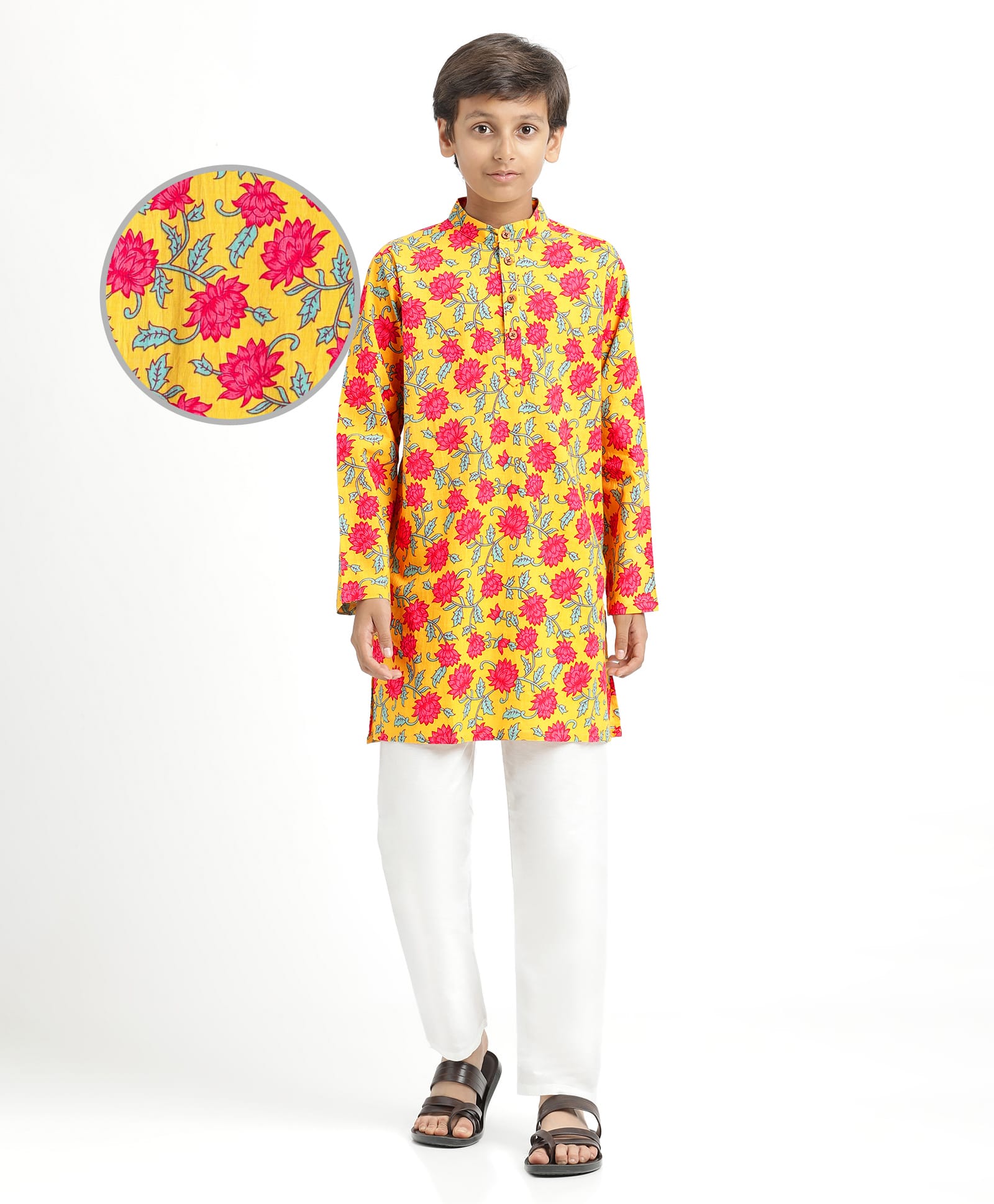 Pine Kids Cotton Woven Mandarin Collar Full Sleeves Kurta Pajama Set With Floral Print - Mustard-image-18