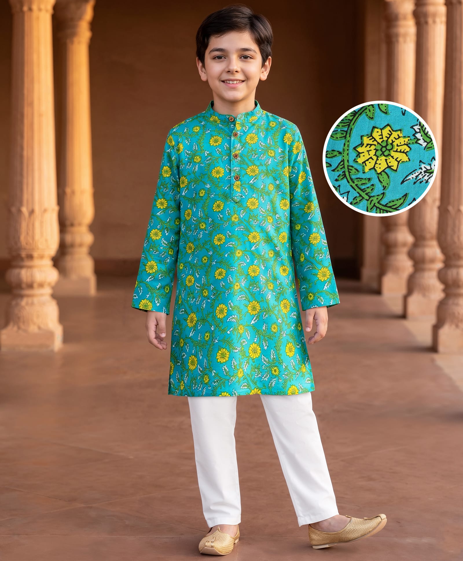 Pine Kids Cotton Woven Full Sleeves Kurta Pajama Set With Floral Print - Mint & White-image-24