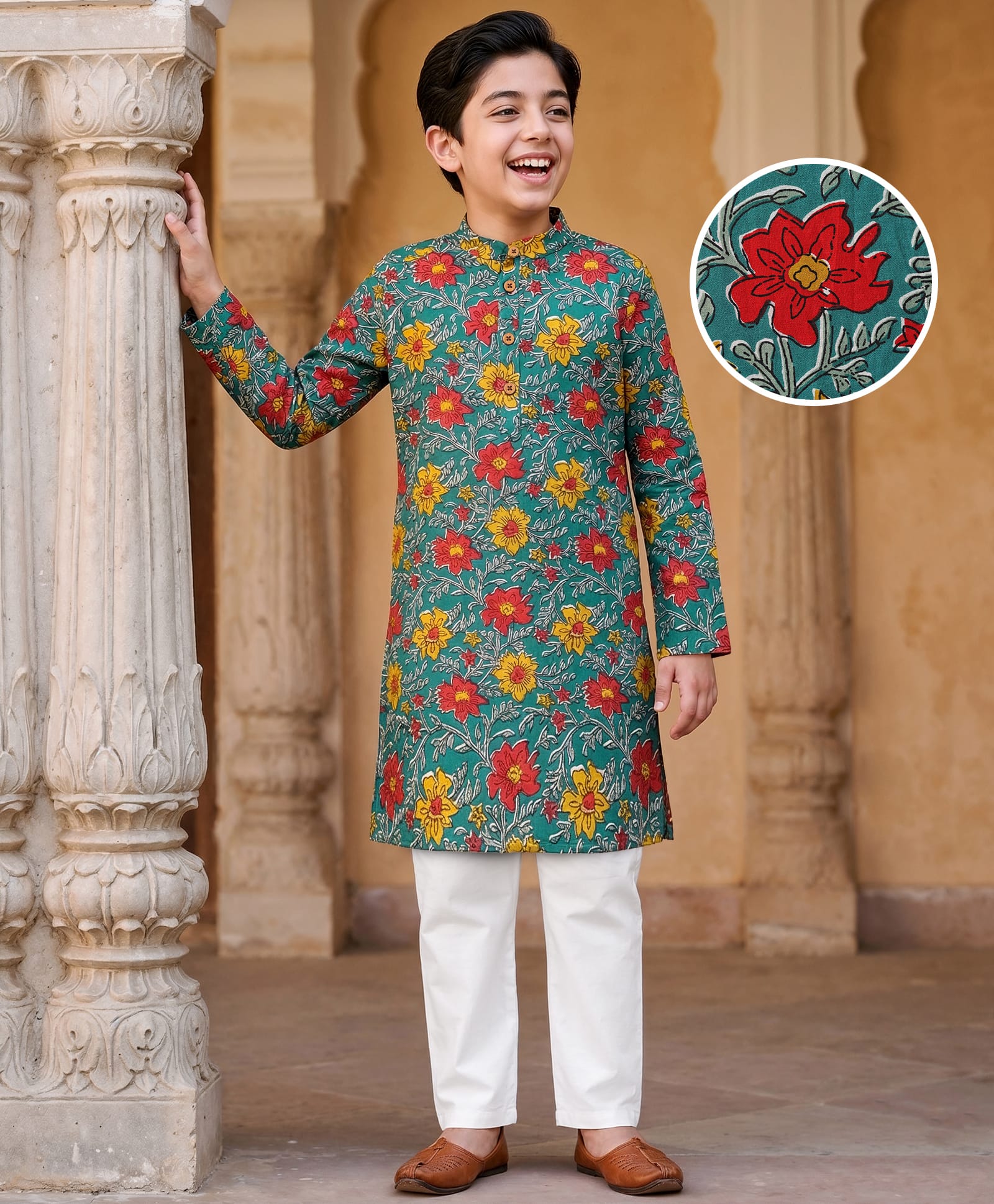 Pine Kids Cotton Woven Mandarin Collar Full Sleeves Kurta Pajama Set With Floral Print - Teal Blue-image-15