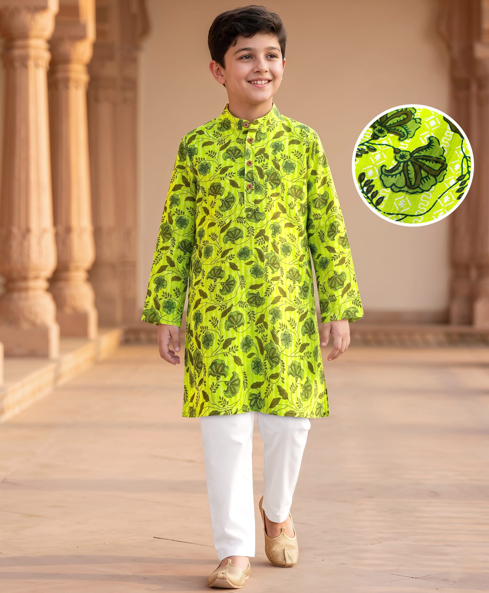 Pine Kids Cotton Knit Full Sleeves Kurta & Pyjama Set With Floral Print - Green-picture-31