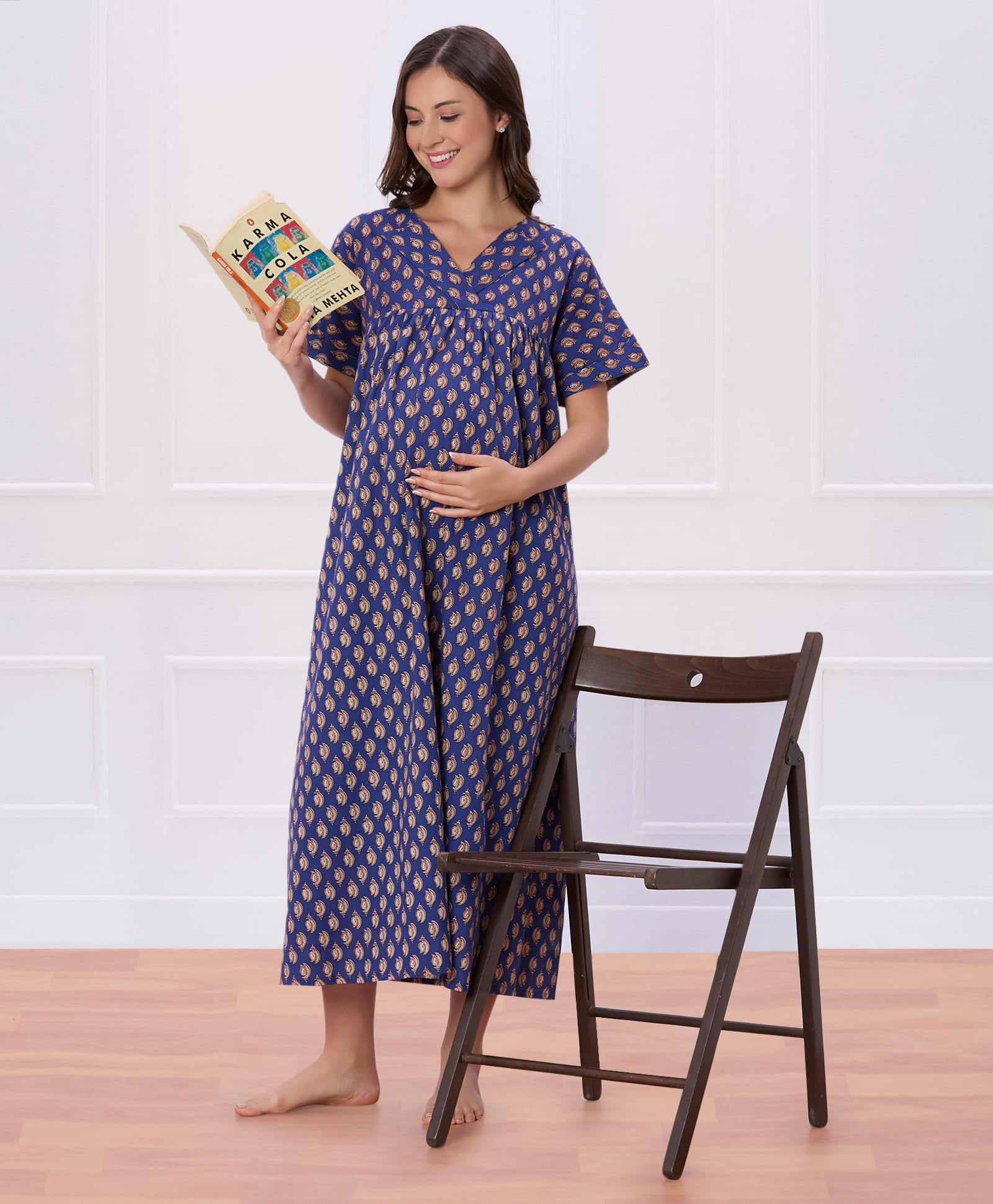 Bella Mama Cotton Woven Half Sleeves Printed Nursing Nighty - Blue-picture-34