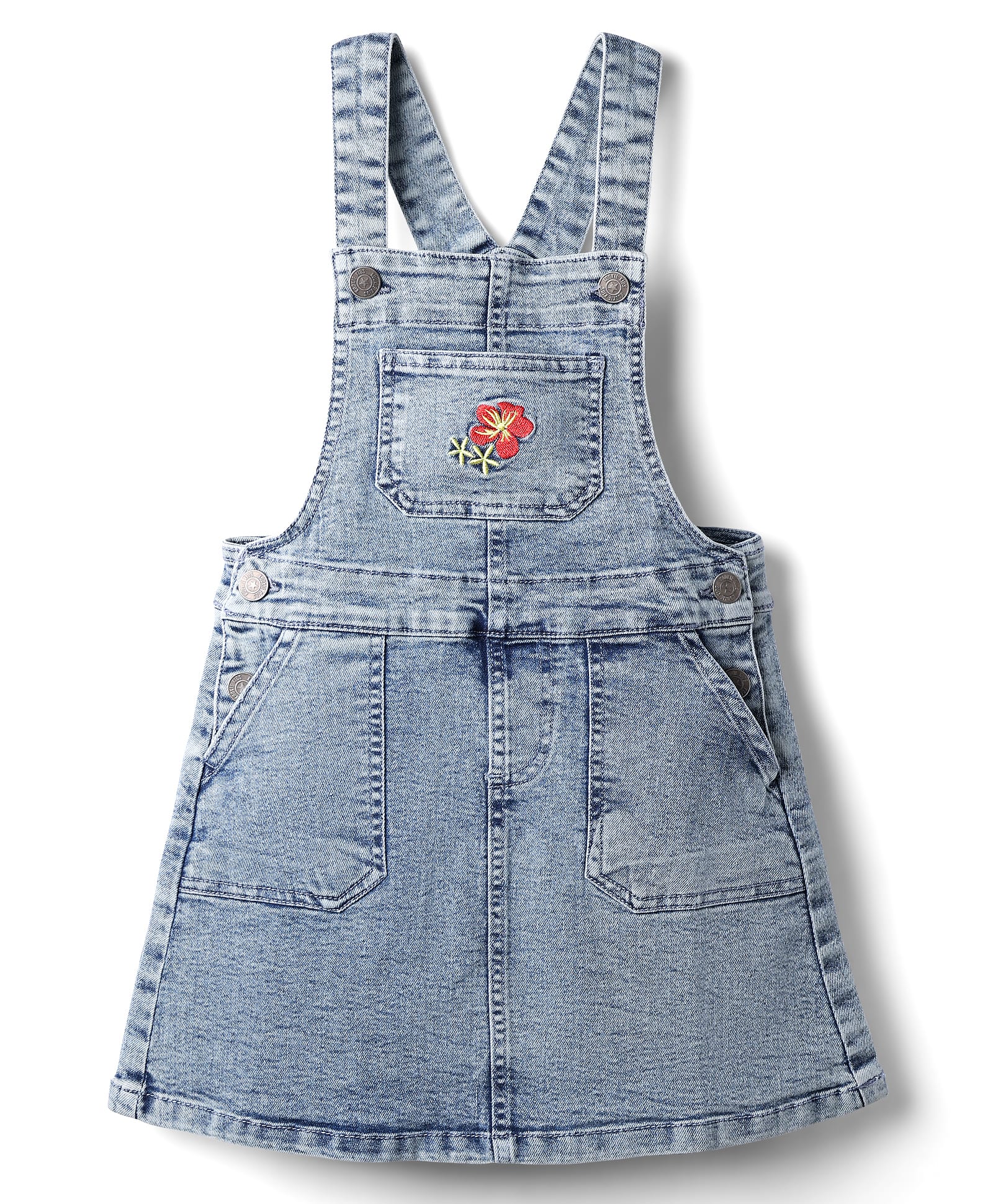 Kookie Kids Short Length Denim Dungaree with Five Pockets & Floral Embroidery - Light Blue