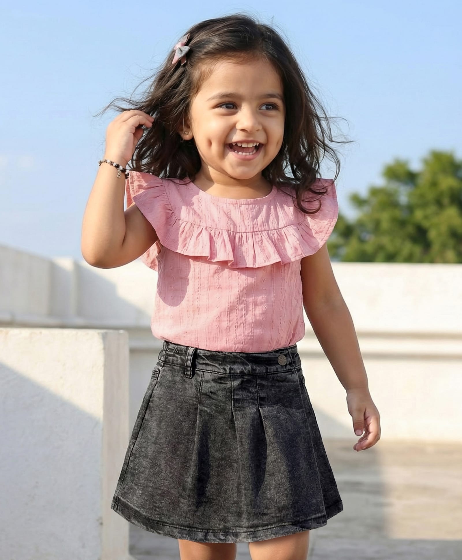 Kookie Kids India Denim Above Knee Length Pleated Washed Skort - Black-picture-14
