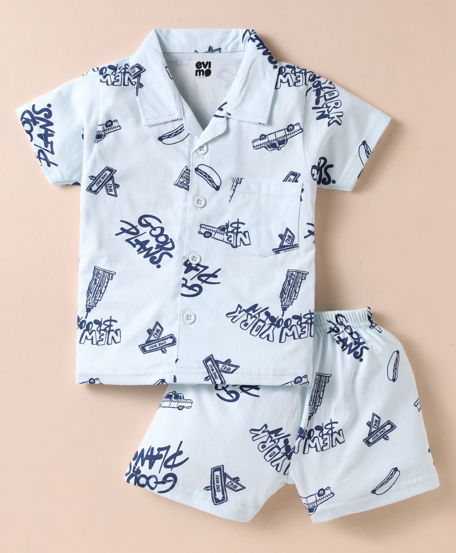 Evimo Single Jersey Knit Half Sleeves Co-ords Shorts Night Suit with Text Print - Light Blue-picture-28