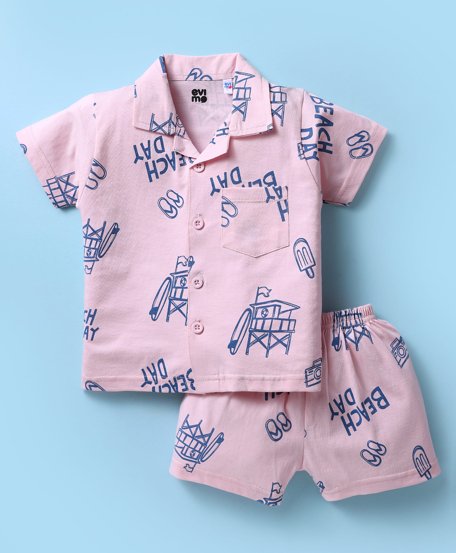 Evimo Single Jersey Knit Half Sleeves Shorts Co-Ord Night Suit With Beach Theme Print - Light Pink-picture-29