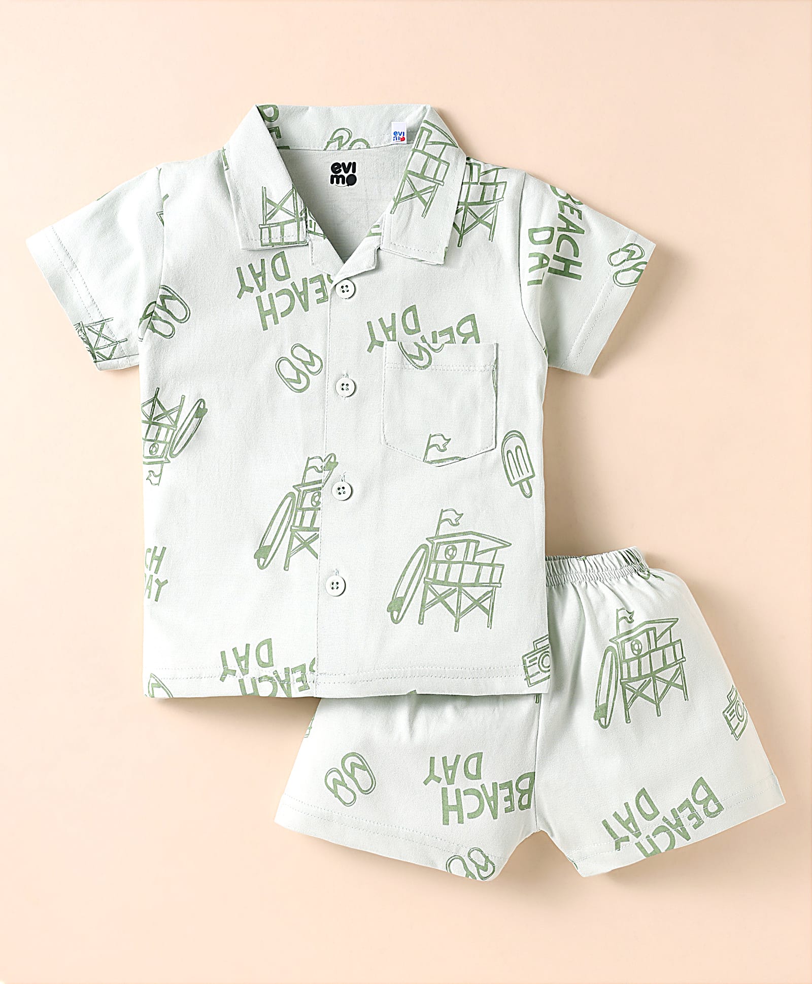 Evimo Single Jersey Knit Half Sleeves Shorts Co-Ord Night Suit With Beach Theme Print - Light Green-picture-47