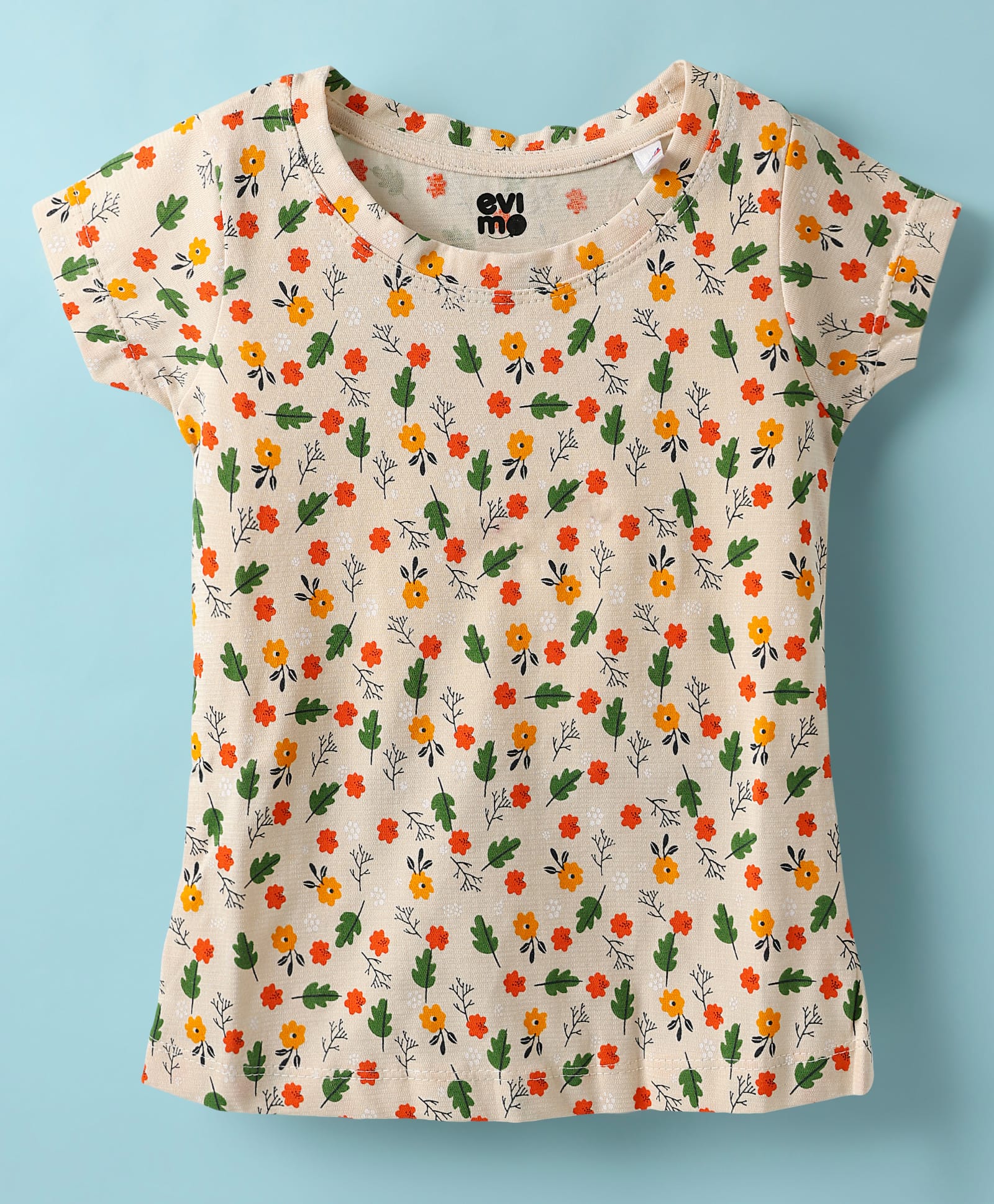 Evimo Single Jersey Half Sleeves Tops with Floral Print - Offwhite-picture-5