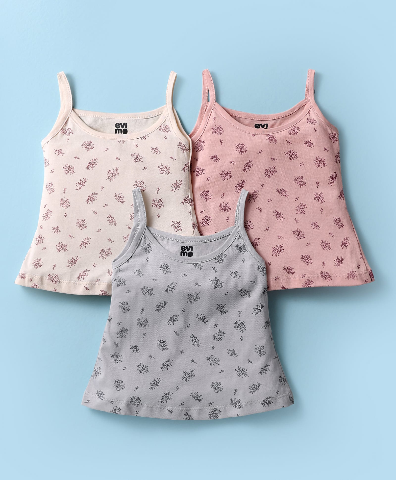 Evimo Single Jersey Knit Sleeveless Singlet Floral Printed Slips Pack Of 3 - Pink Grey & Cream-picture-6