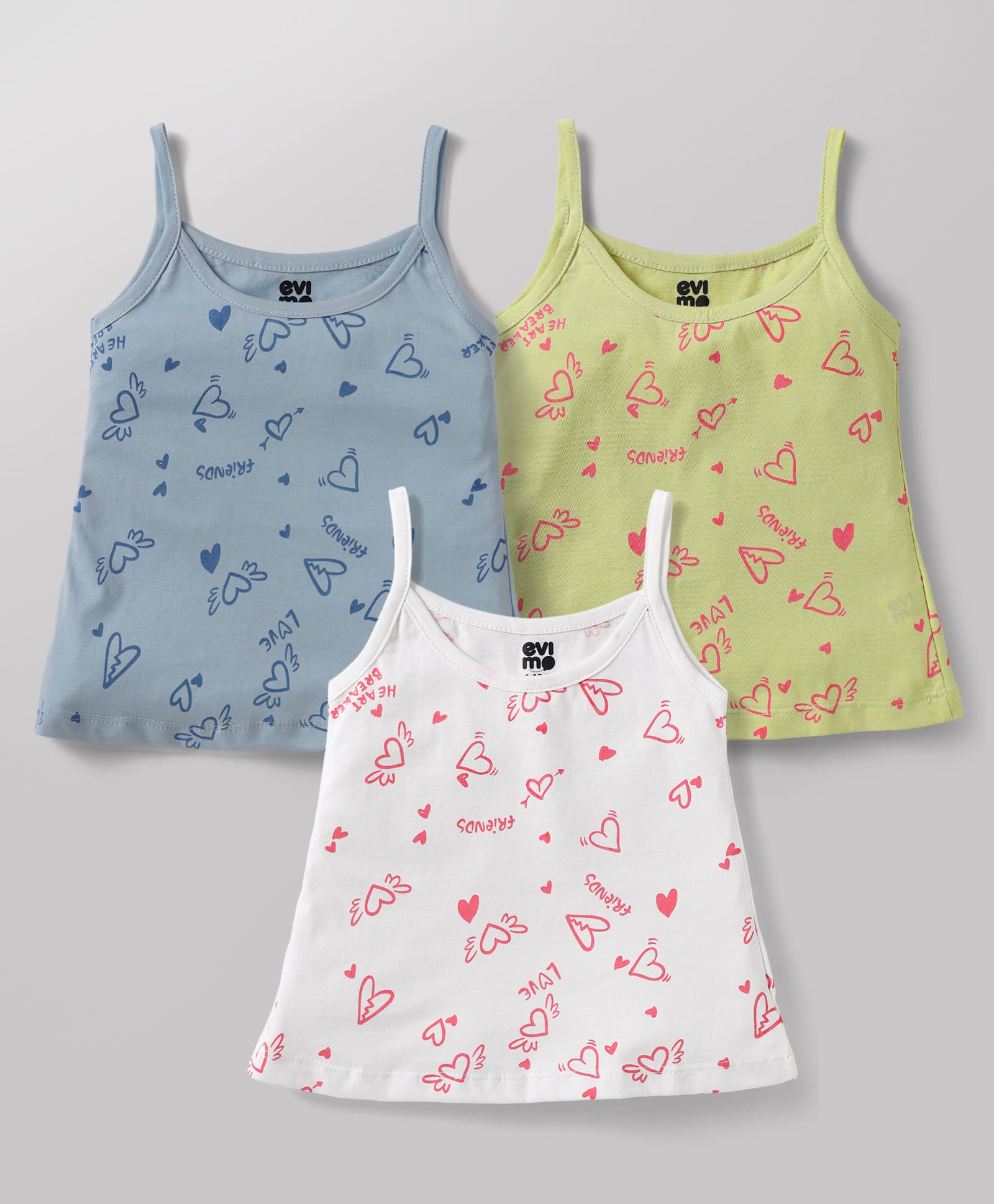 Evimo Single Jersey Knit Sleeveless Heart Printed Slips Pack of 3 - Off White Blue & Green-image-31