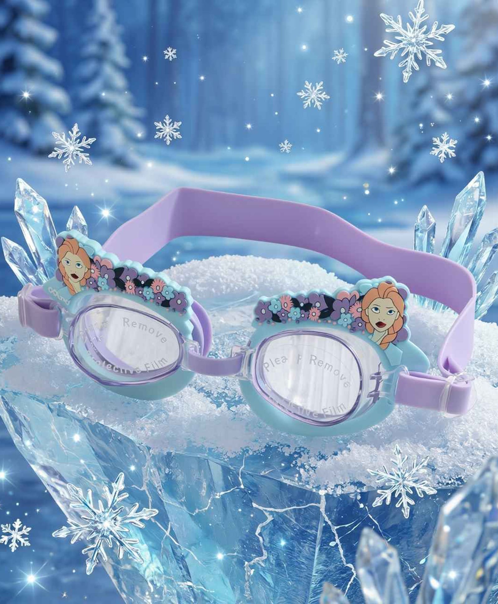Disney By Yellow Bee Silicon Frozen Elsa Swimming Goggles with Purple Strap and Floral Crown Design for GirlsBlue & Purple-image-14