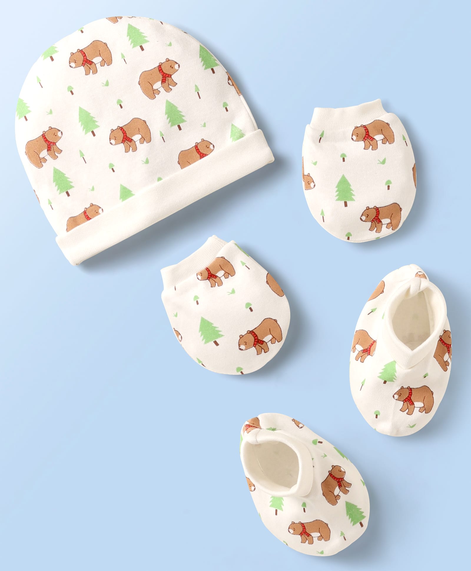 Doodle Poodle Interlock Cotton Bear Printed Cap Mittens & Booties Set White - Diameter 12 Cm-image-47