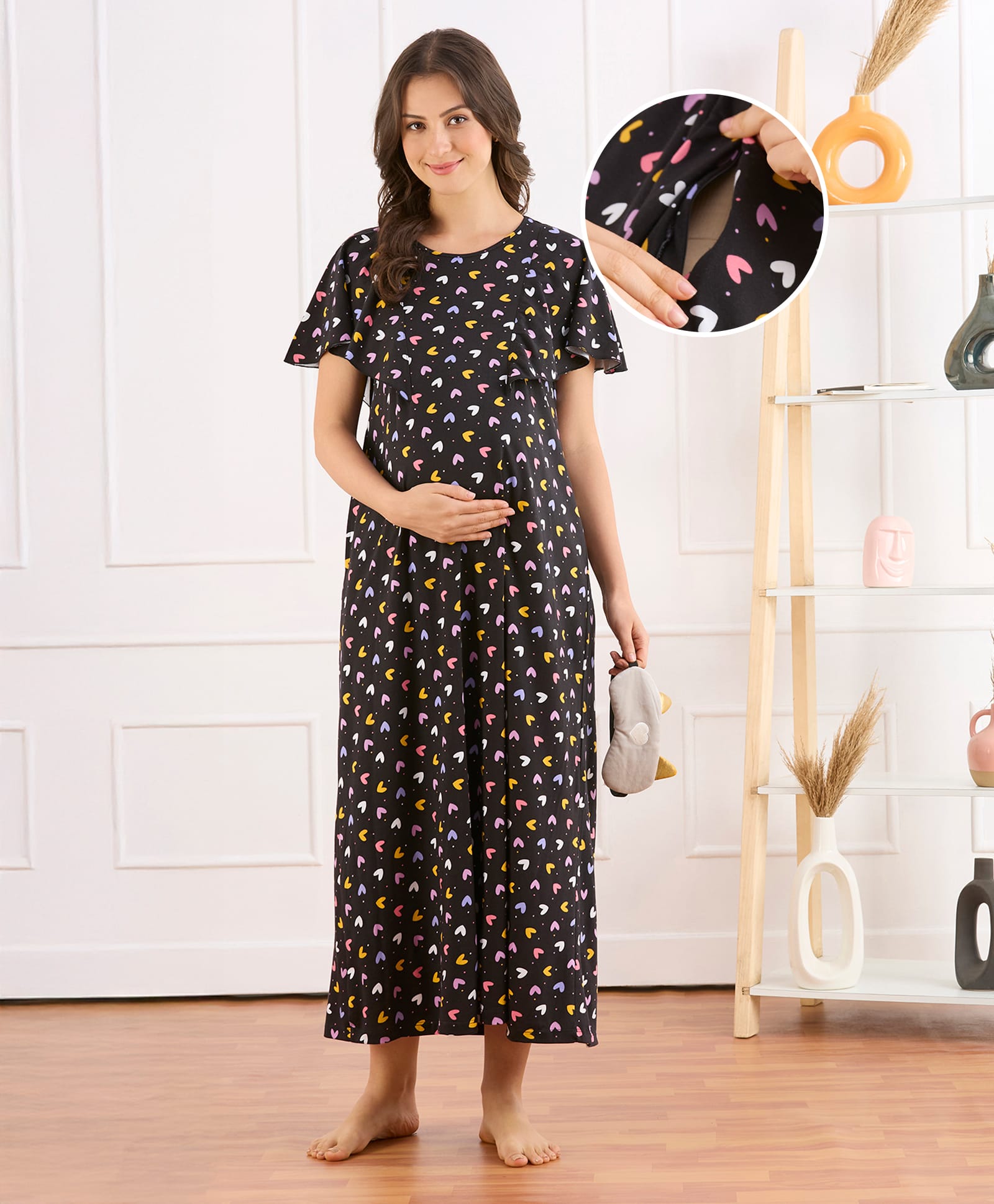 Bella Mama Cotton Knit Half Sleeves Nighty With Concealed Zipper & Heart Print - Blue-image-27