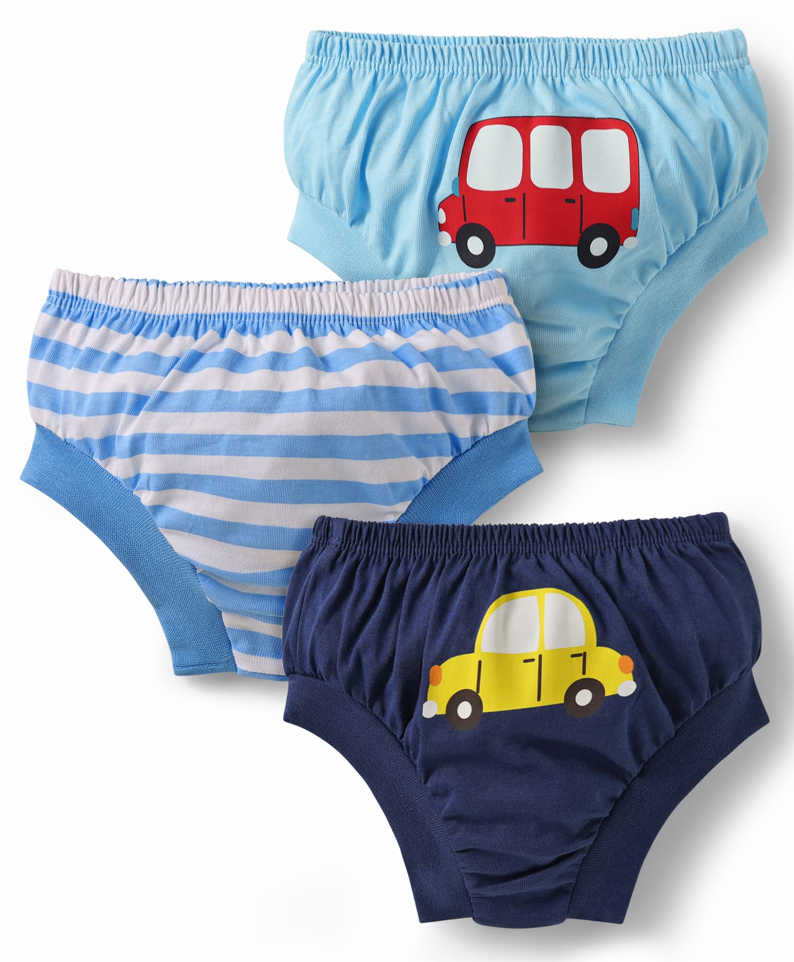 Doodle Poodle 100% Cotton Single Jersey Knit Brief With Stripes & Vehicle Print Pack Of 3 - Navy Blue & Light Blue-image-1