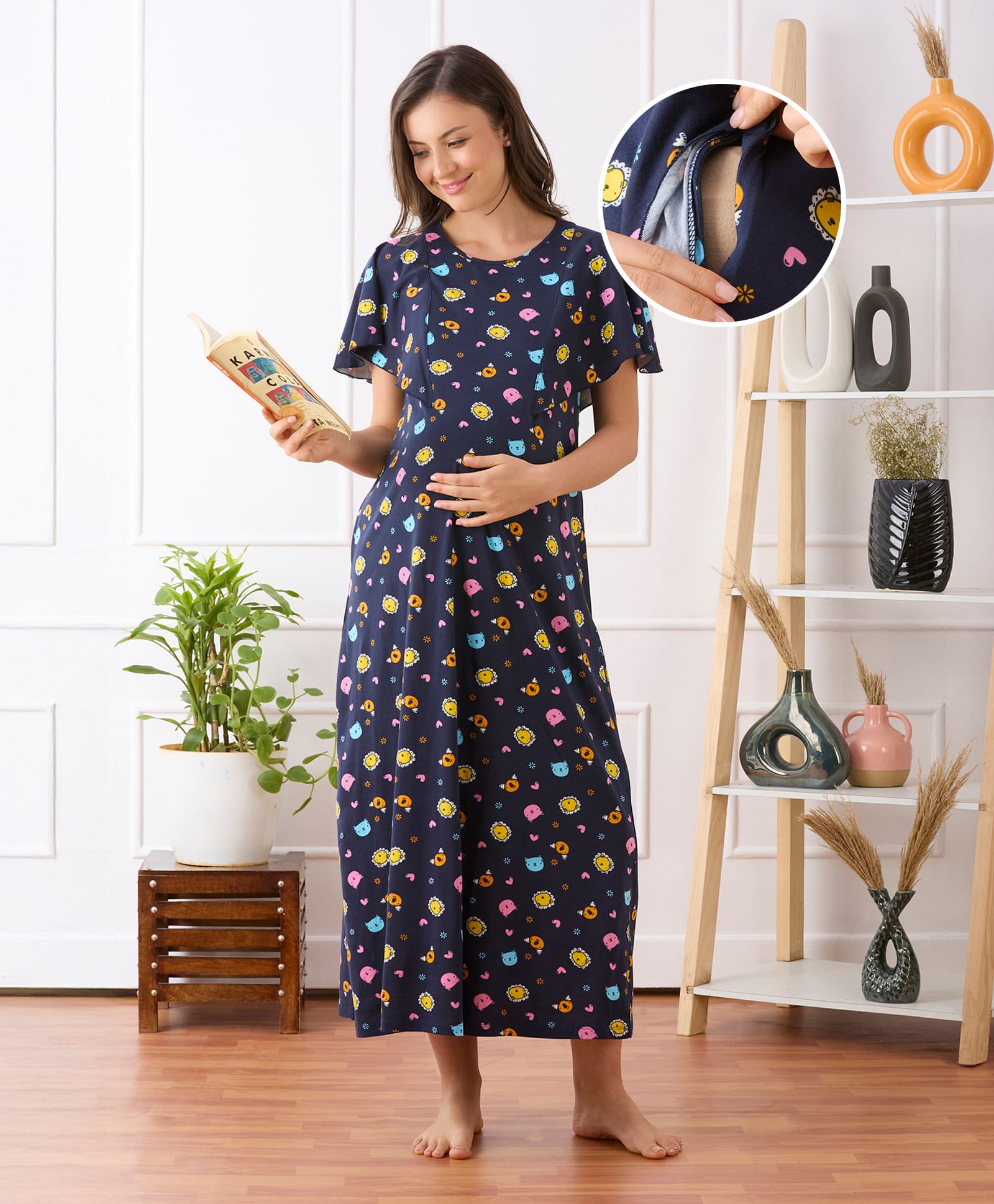 Bella Mama Cotton Knit Half Sleeves Maternity Nighty With Animal Print - Navy Blue