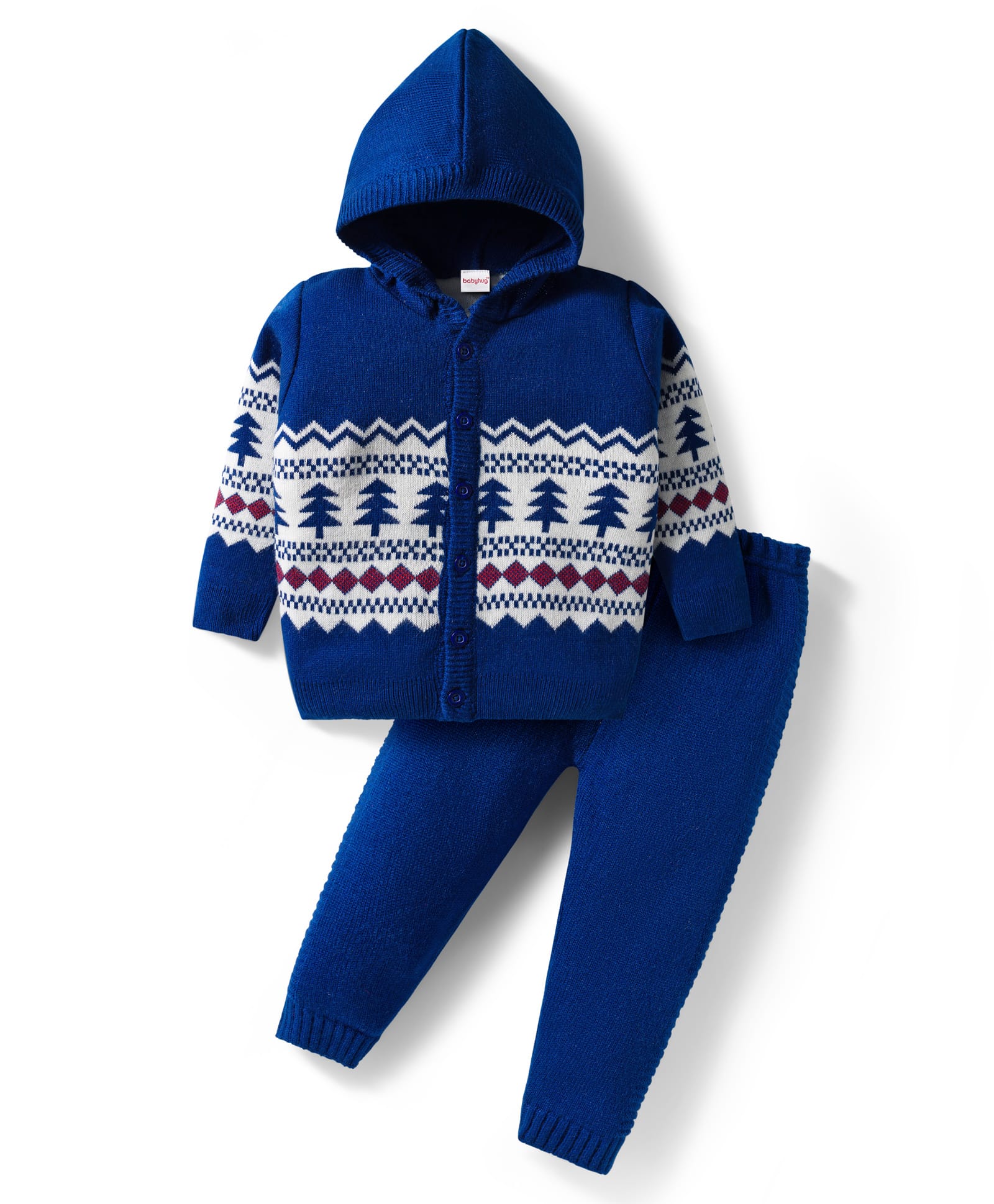 Babyhug Knit Full Sleeves Front Open Hooded Sweater & Pant Set with Pine Tree Design - Navy Blue-image-18
