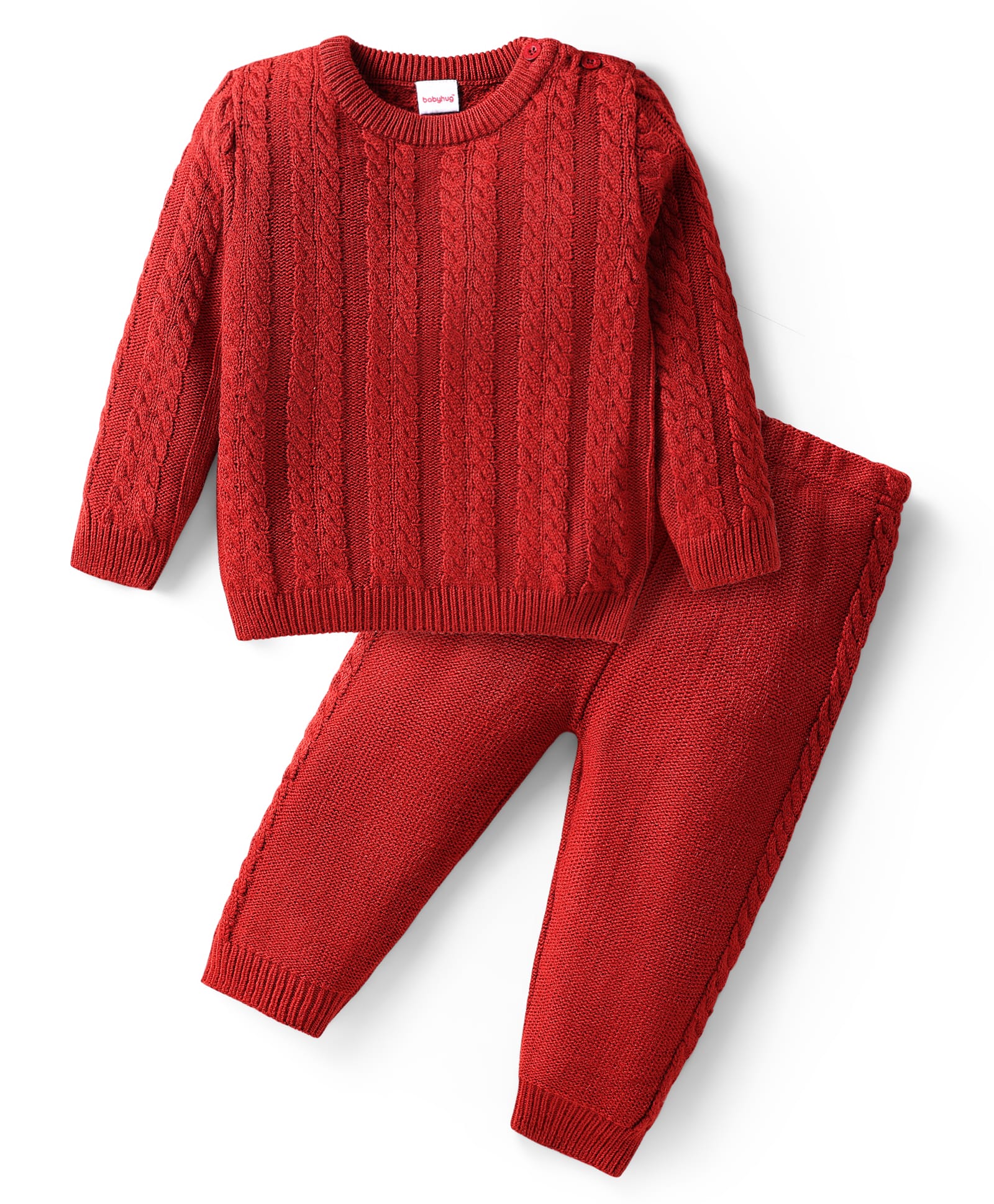 Babyhug Knitted Full Sleeves Sweater Set with Cable Net Design - Red-picture-12