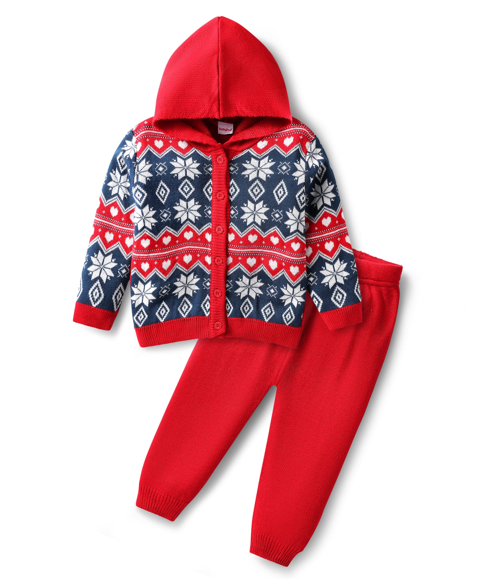 Babyhug Knitted Full Sleeves Hooded Sweater Set with Floral Design - Red-picture-28