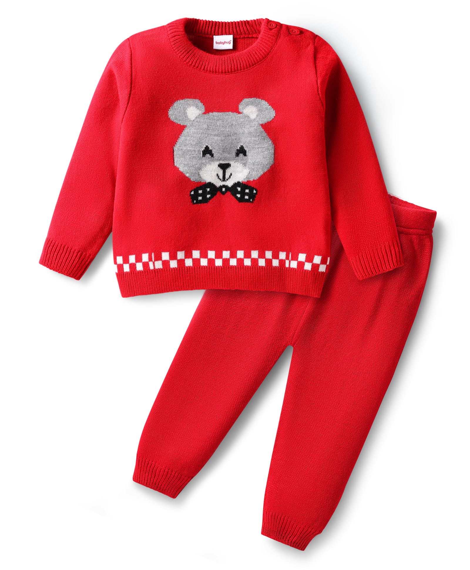Babyhug Knitted Full Sleeves Sweater Set with Rat Patch - Red-picture-10