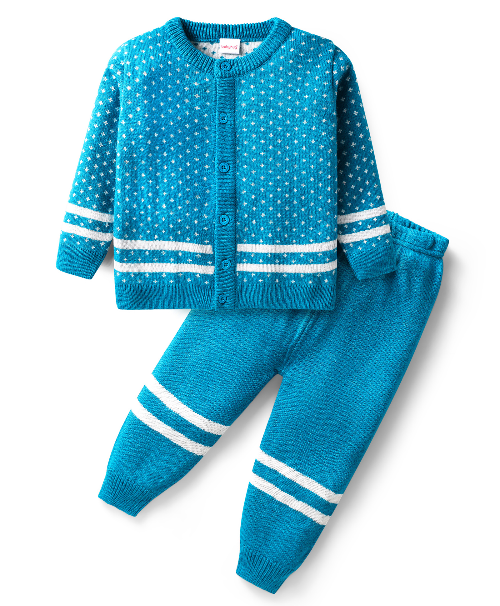 Babyhug Knitted Full Sleeves Front Open Sweater Set with Polka Dot Design - Blue-picture-14