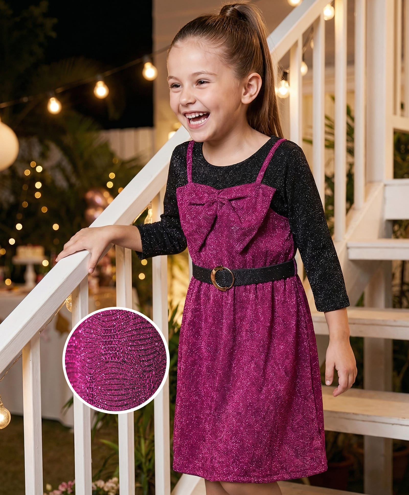 Hola Bonita Knit Shimmer Party Dress with Three Fourth Sleeves Inner Tee Bow Applique & Belt - Maroon & Black-image-4
