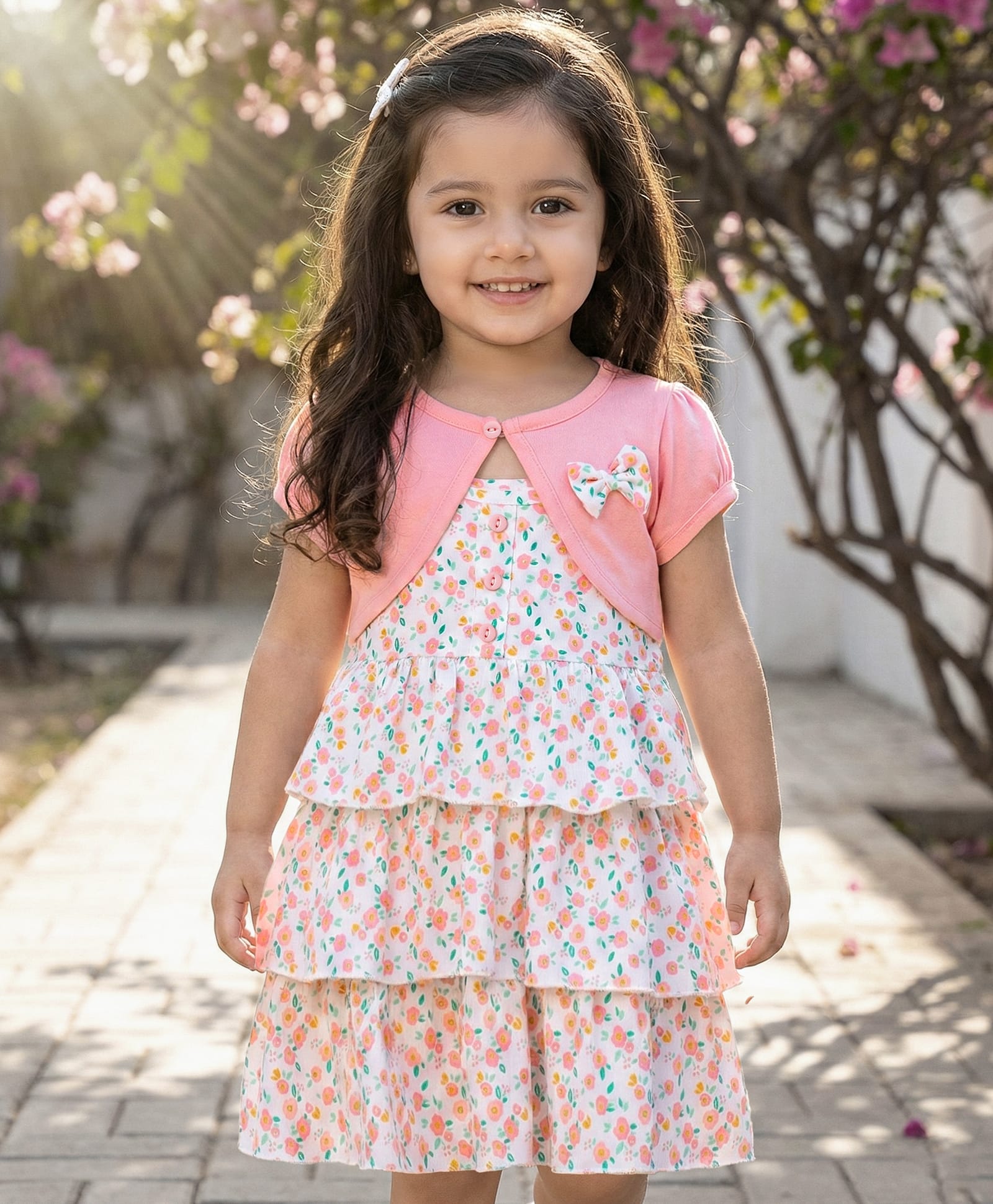 Babyhug Single Jersey Knit Floral Printed Frock with Half Sleeves Shrug - Pink & White-image-47