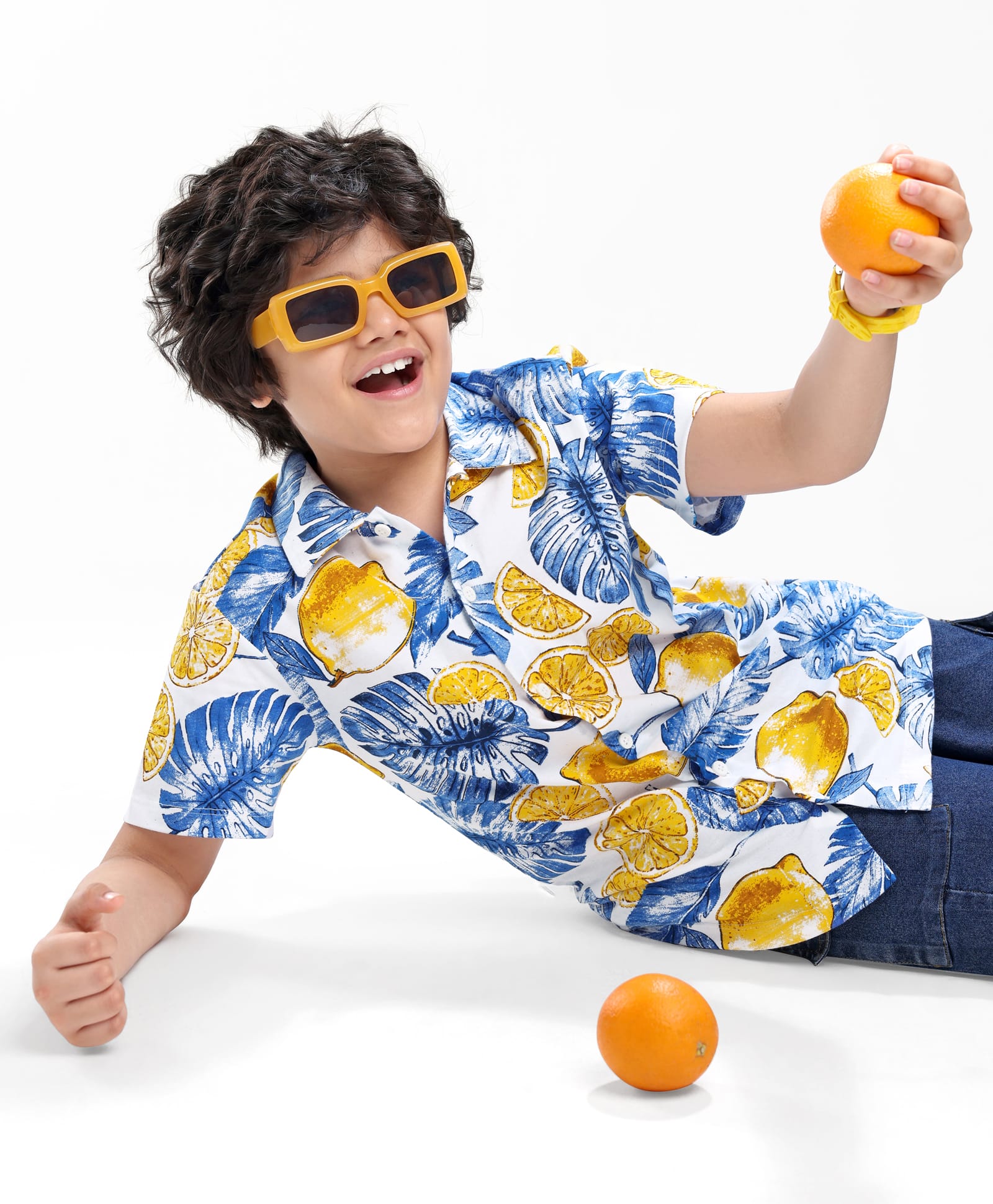OLLINGTON ST. 100% Cotton Knit Half Sleeves Tropical Print Shirt- Yellow & Blue-picture-28