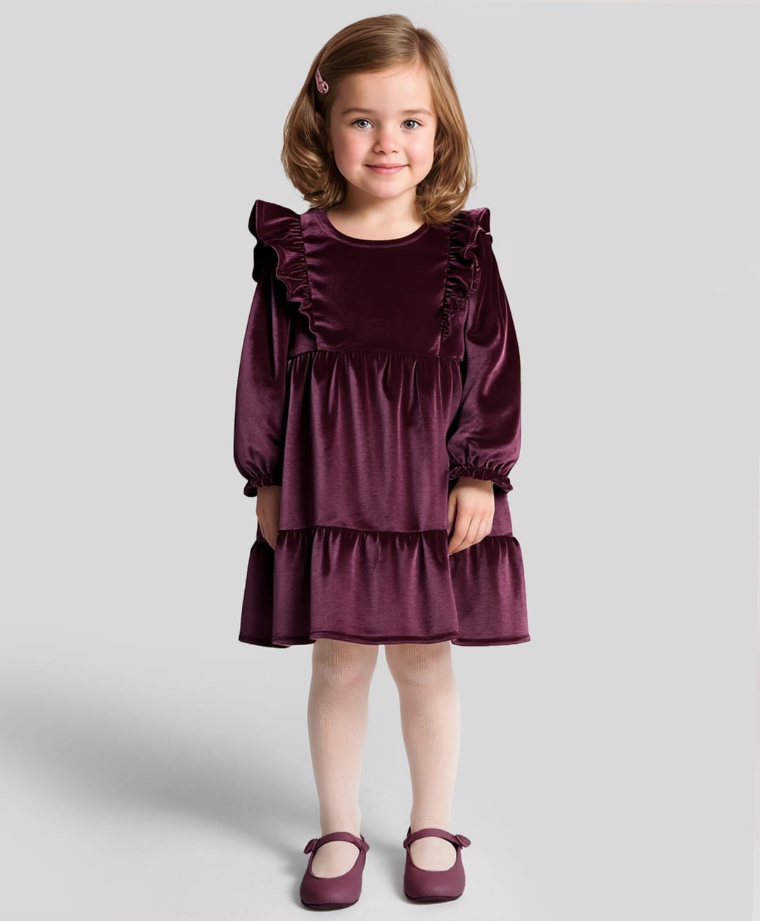 Bonfino Woven Full Sleeves Velour Solid Party Dress - Wine-picture-30