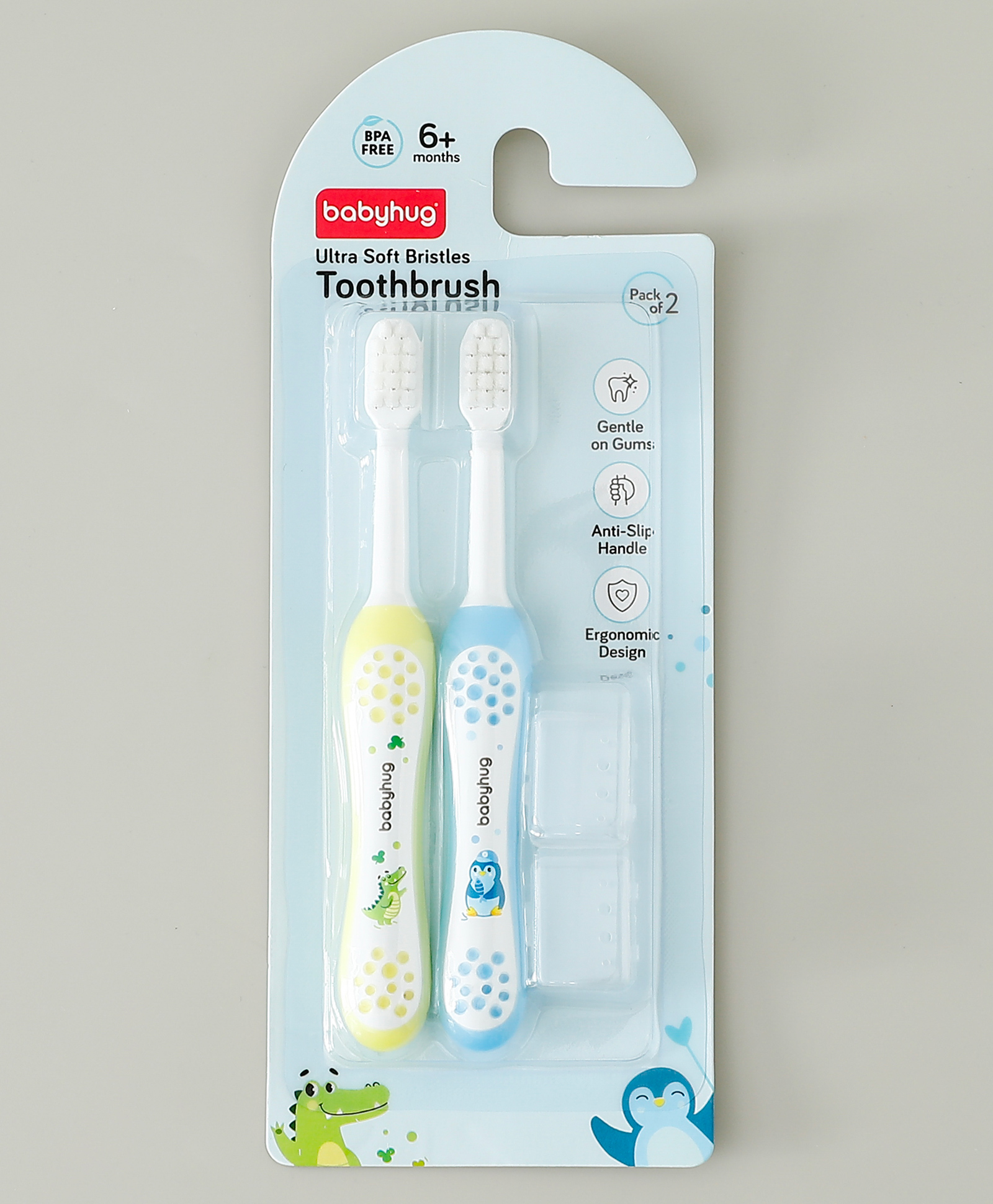 Babyhug Ultra Soft Bristles Kids Toothbrush Cute Crocodile & Penguin Print Pack of 2 Green & Blue| Anti-slip Handle| Gentle on Gums| Ideal Head Size| Encourages Self Brushing